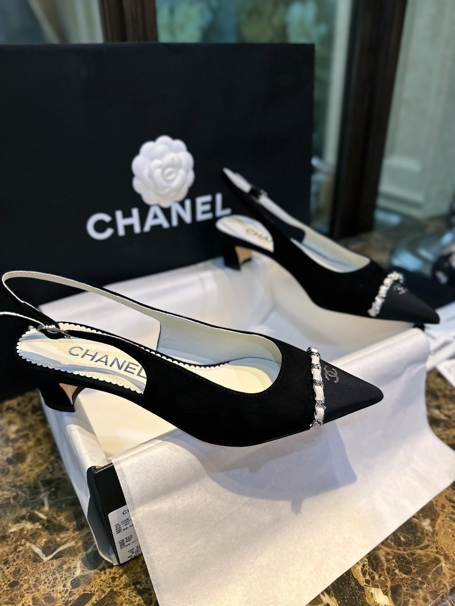 Chanel Pointed Toe Chain High Heels - Elegant and Stylish with Satin Straps and Steel Details