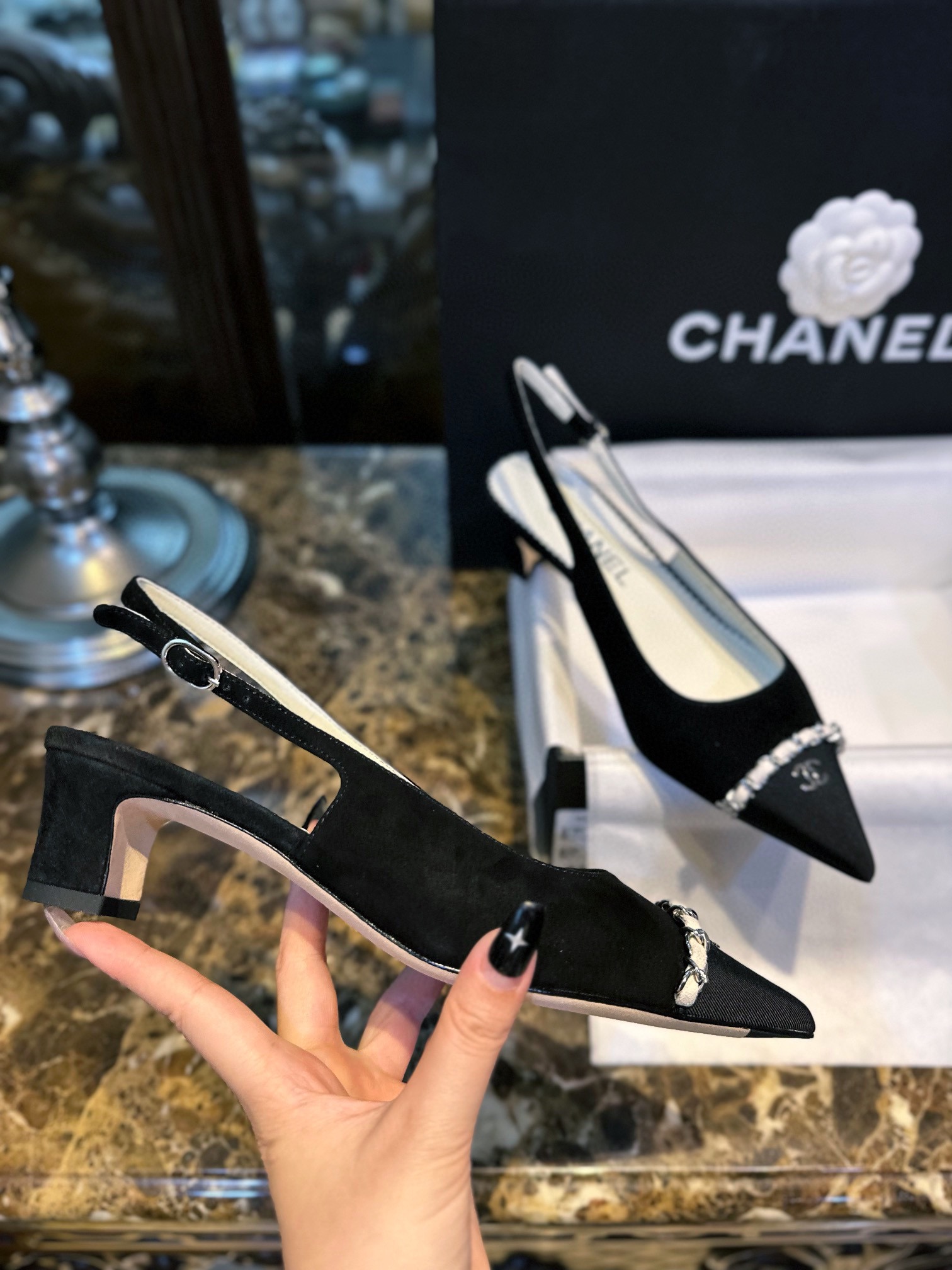 Chanel Pointed Toe Chain High Heels - Elegant and Stylish with Satin Straps and Steel Details