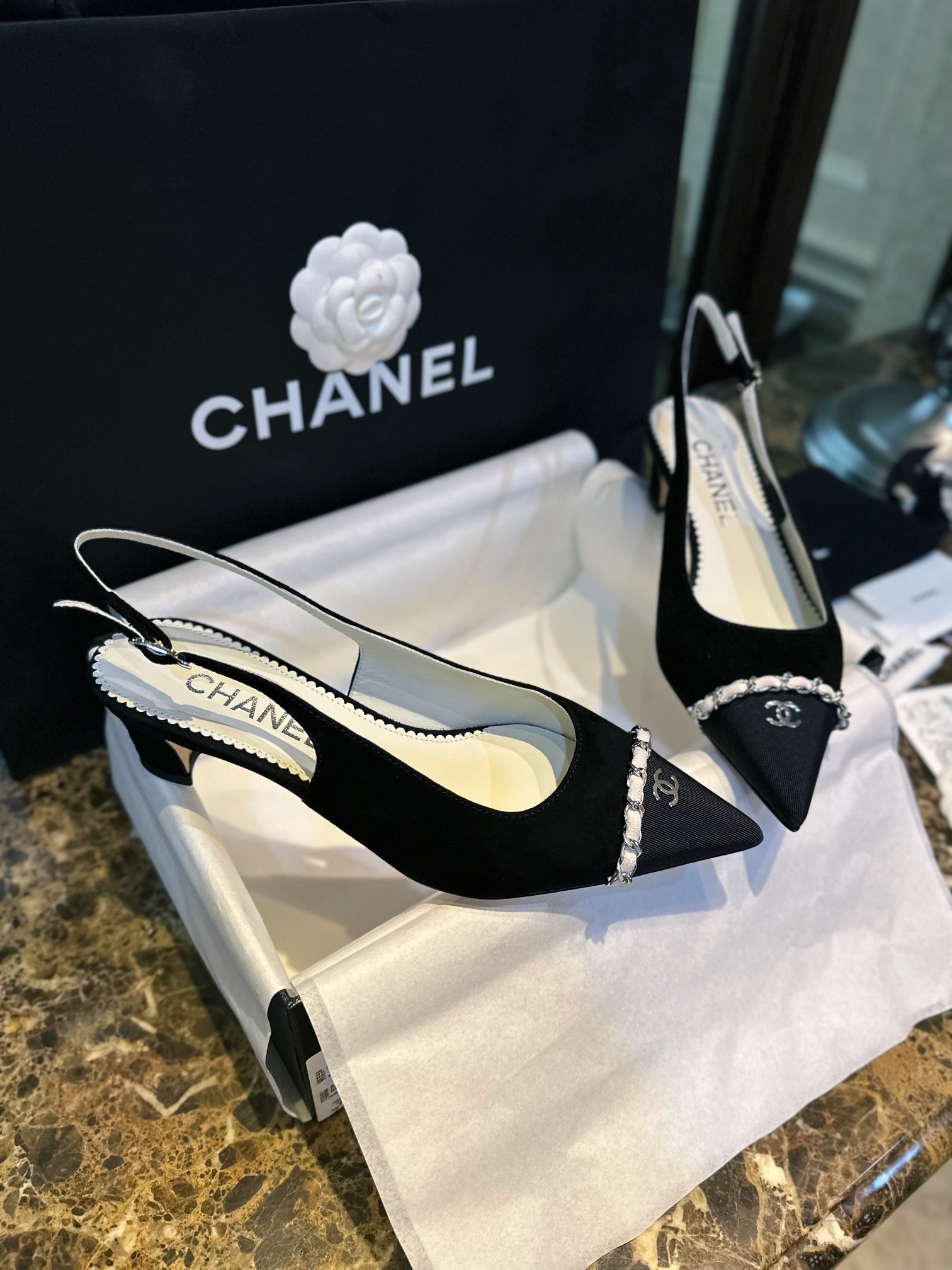 Chanel Pointed Toe Chain High Heels - Elegant and Stylish with Satin Straps and Steel Details