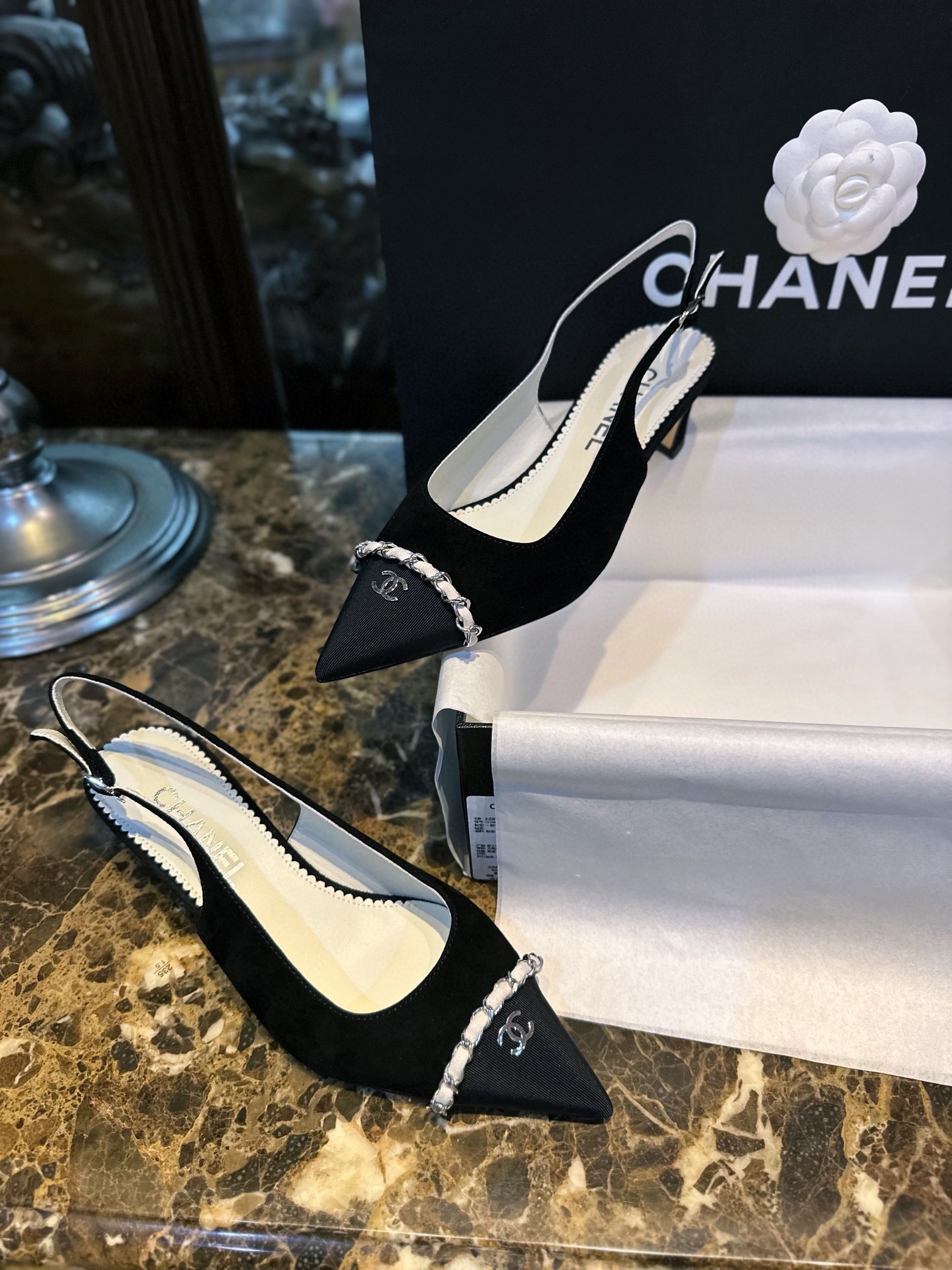 Chanel Pointed Toe Chain High Heels - Elegant and Stylish with Satin Straps and Steel Details