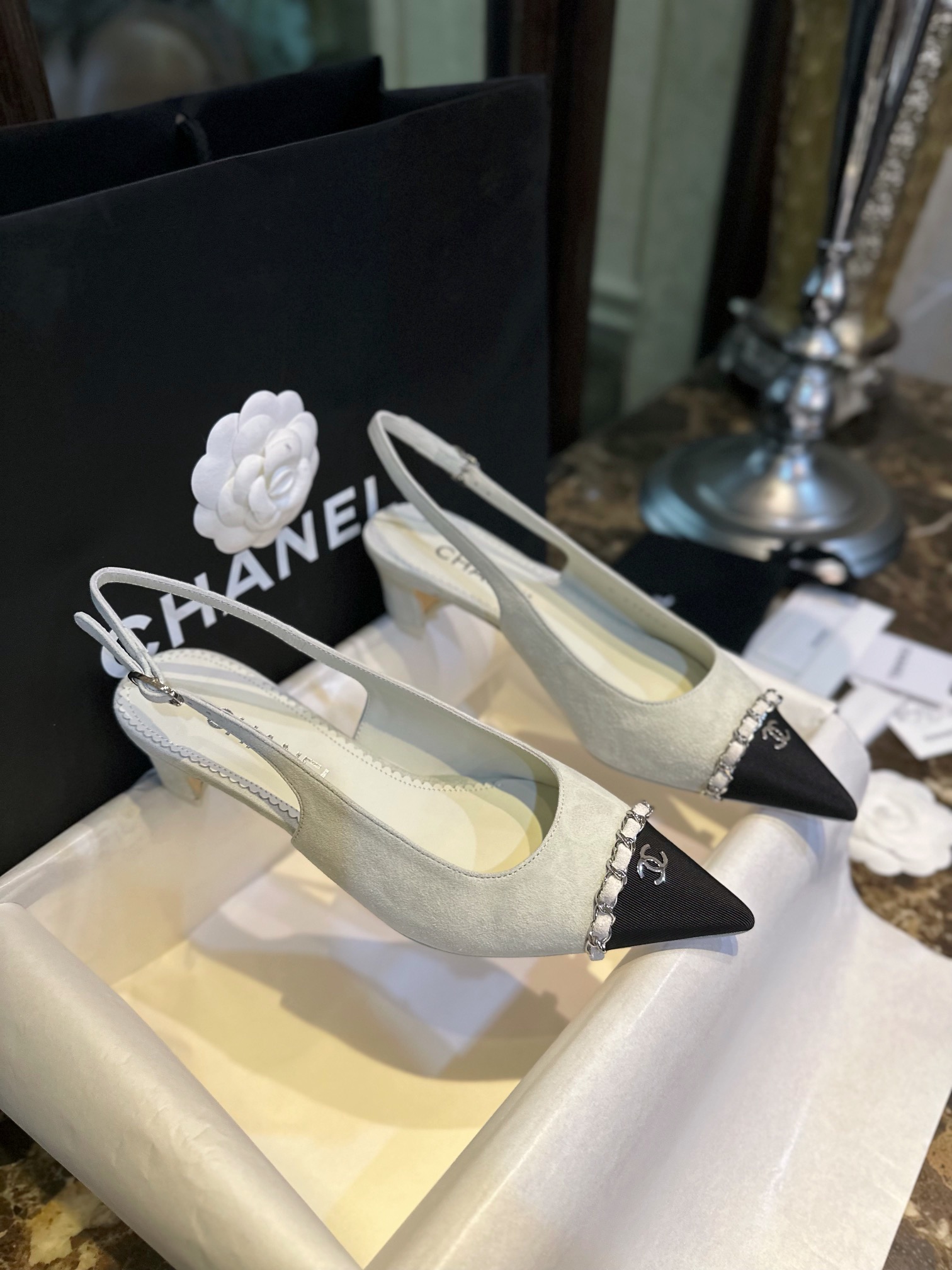 Chanel Sage Green Pointed Toe Chain High Heels - Elegant Blend of Steel, Suede, and Nappa Leather