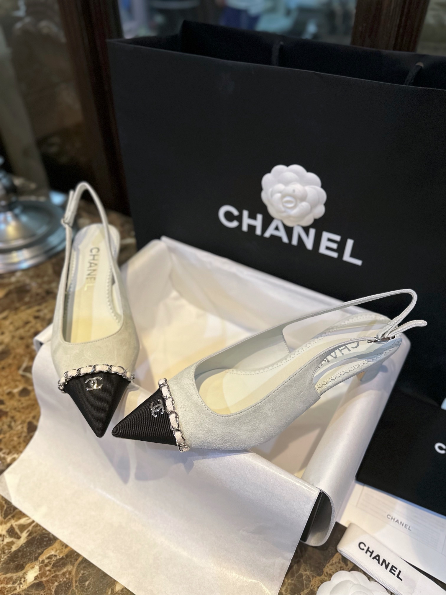 Chanel Sage Green Pointed Toe Chain High Heels - Elegant Blend of Steel, Suede, and Nappa Leather