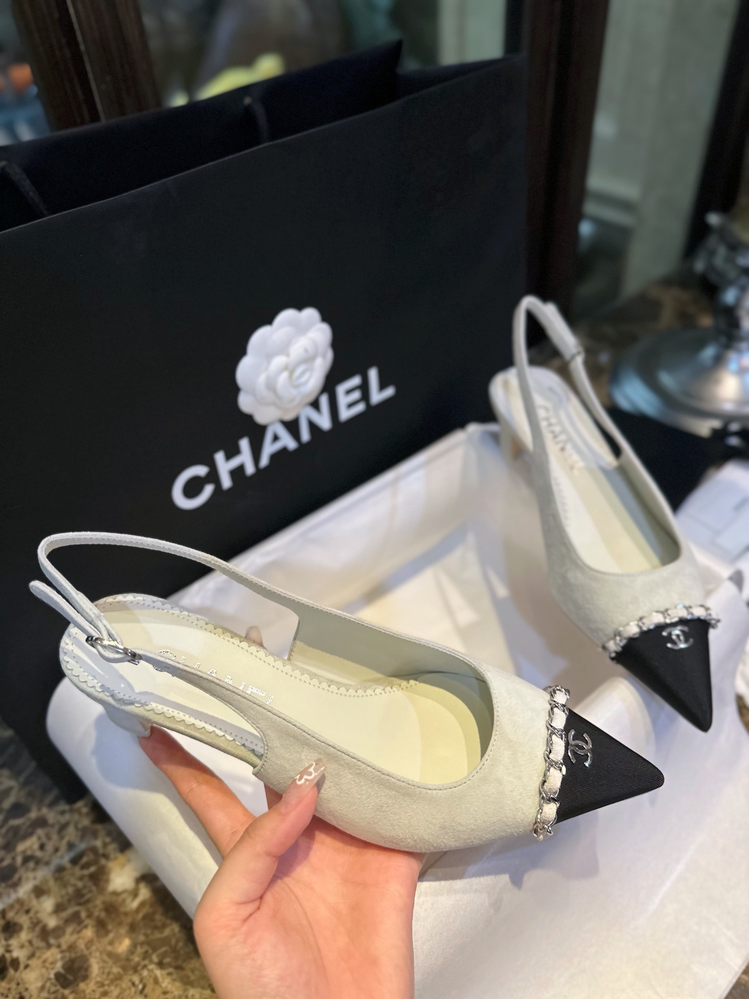 Chanel Sage Green Pointed Toe Chain High Heels - Elegant Blend of Steel, Suede, and Nappa Leather