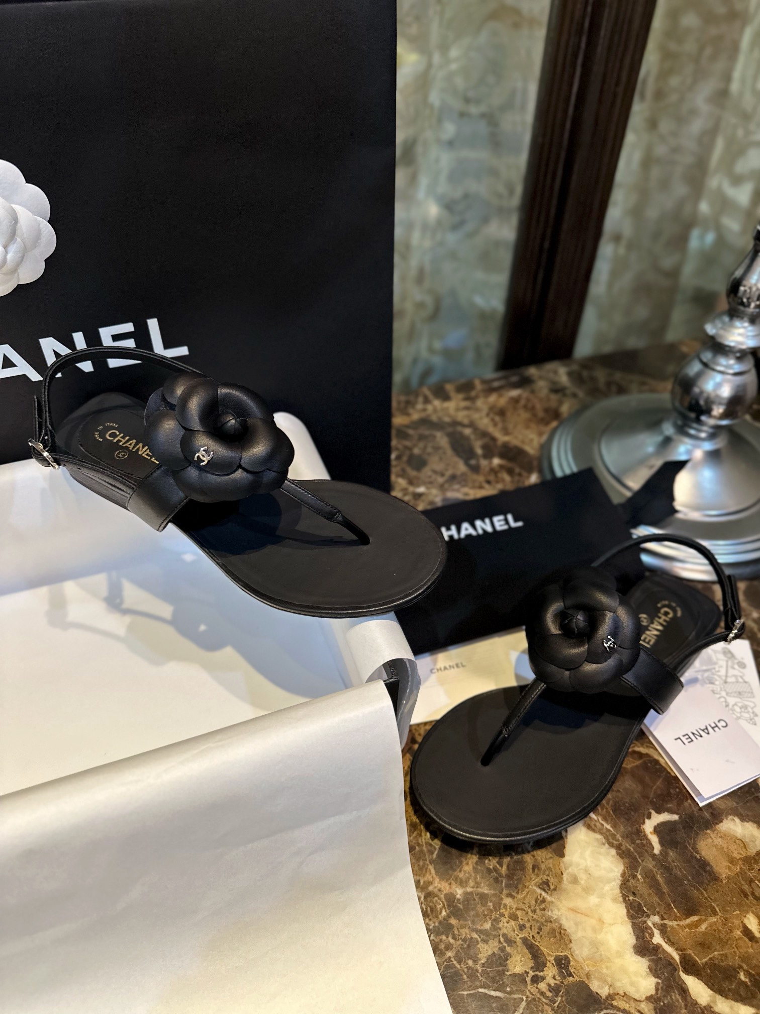 Chanel Premium Black Sheepskin Camellia Sandals