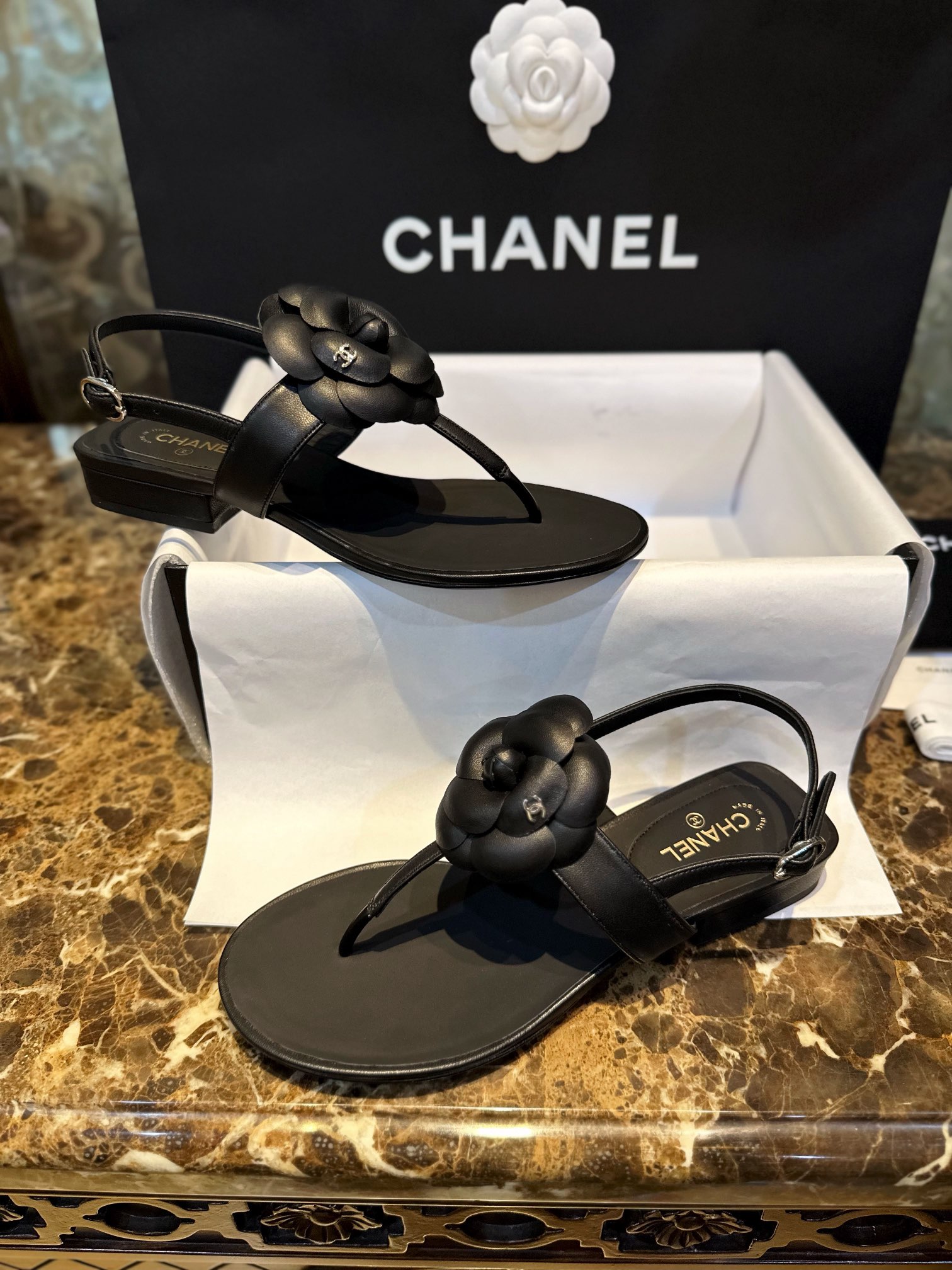 Chanel Premium Black Sheepskin Camellia Sandals