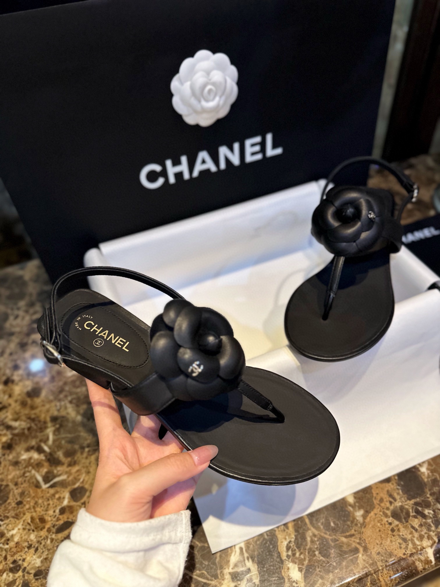 Chanel Premium Black Sheepskin Camellia Sandals