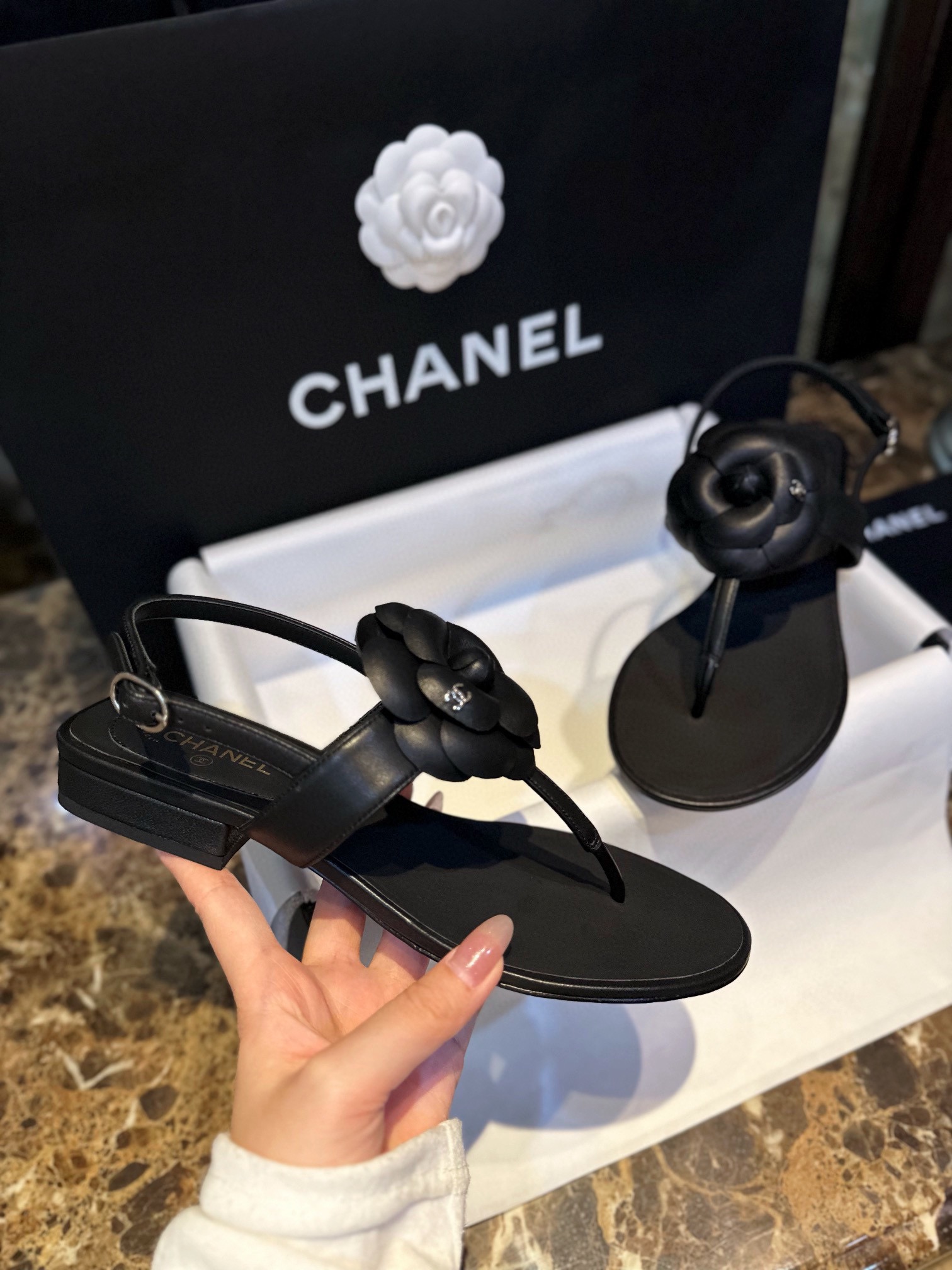 Chanel Premium Black Sheepskin Camellia Sandals