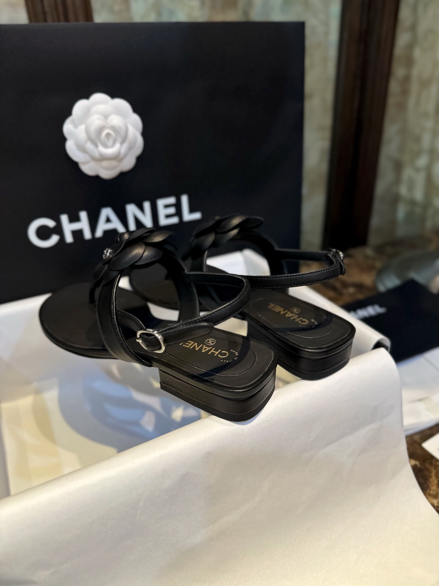 Chanel Premium Black Sheepskin Camellia Sandals