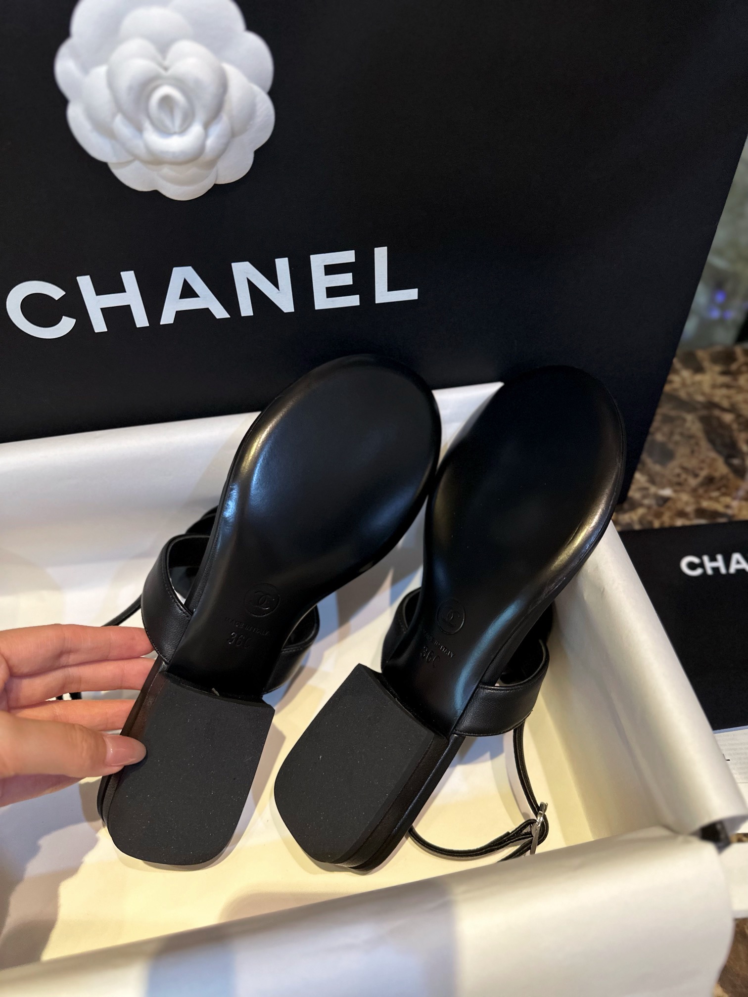 Chanel Premium Black Sheepskin Camellia Sandals