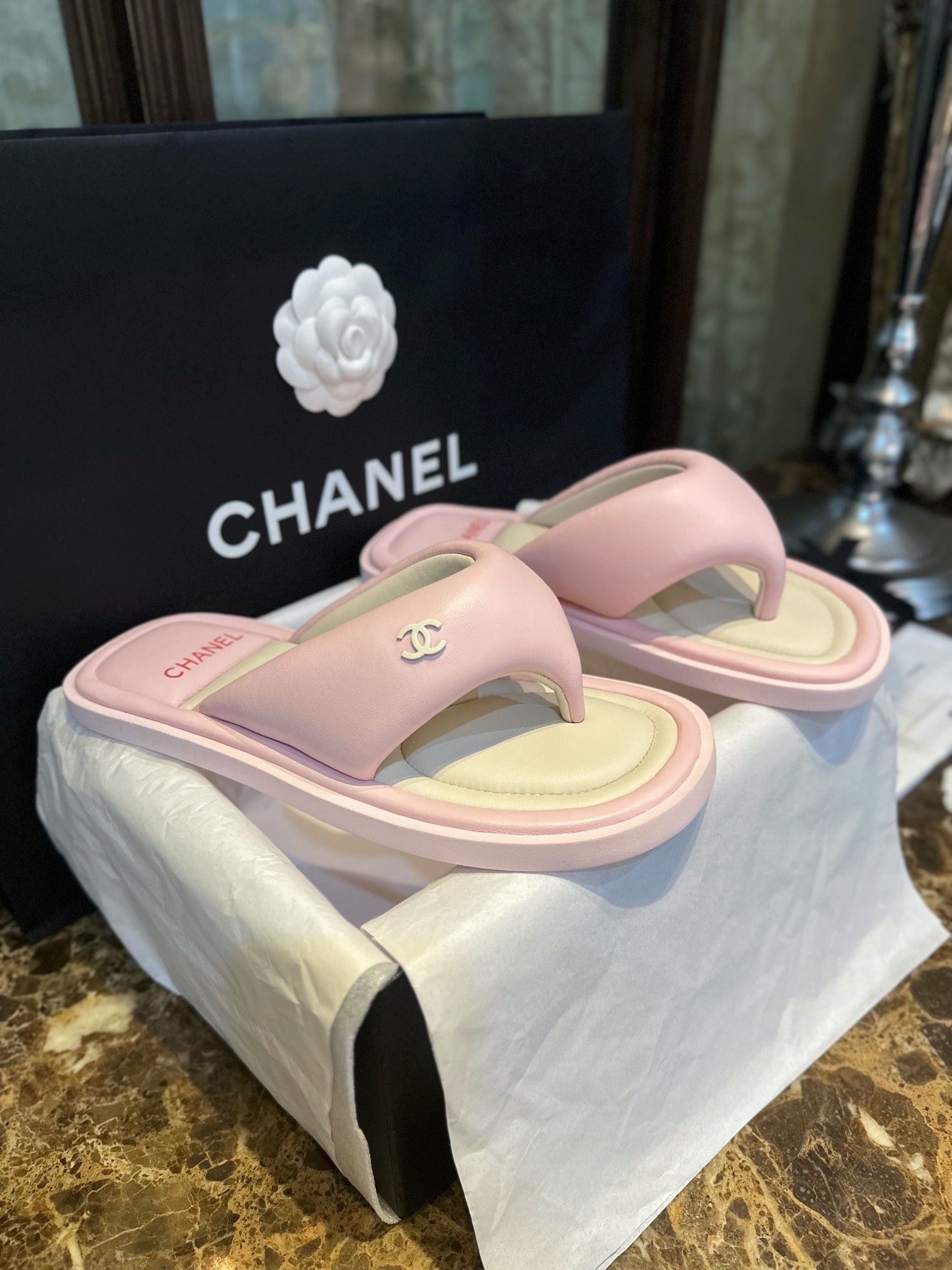 Chanel Pink Sheepskin Sponge Slides