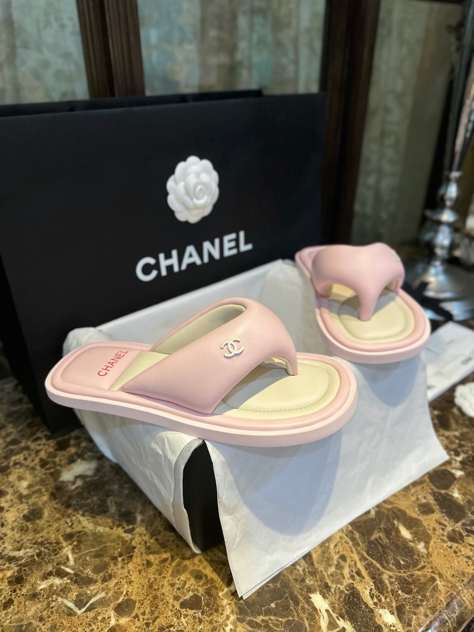 Chanel Pink Sheepskin Sponge Slides