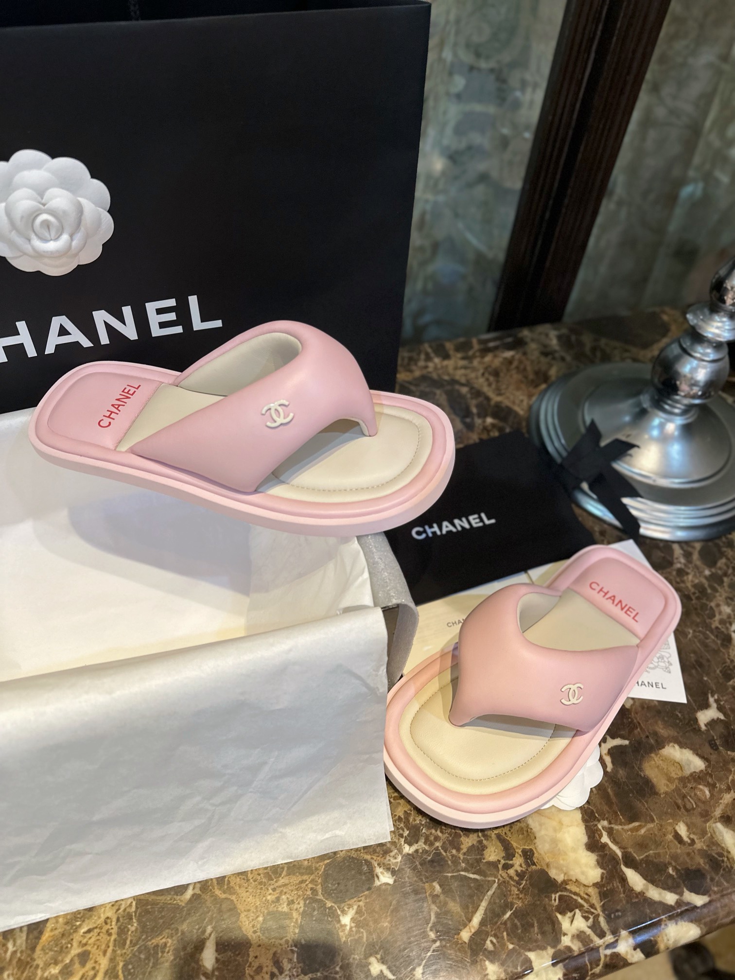 Chanel Pink Sheepskin Sponge Slides