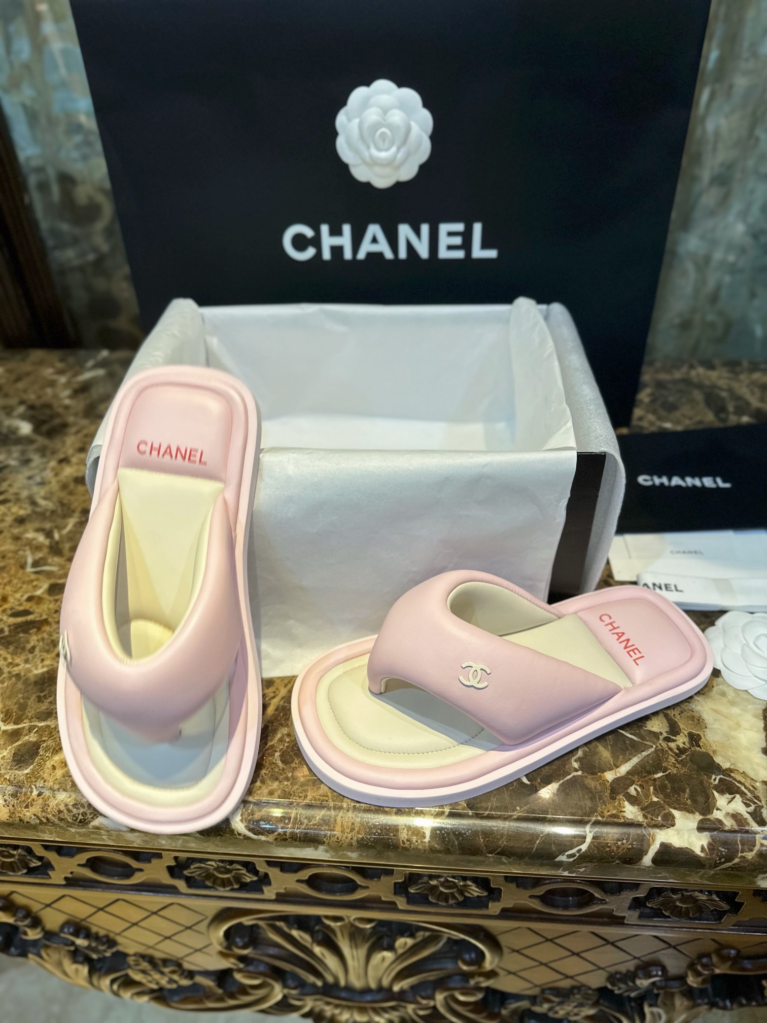 Chanel Pink Sheepskin Sponge Slides