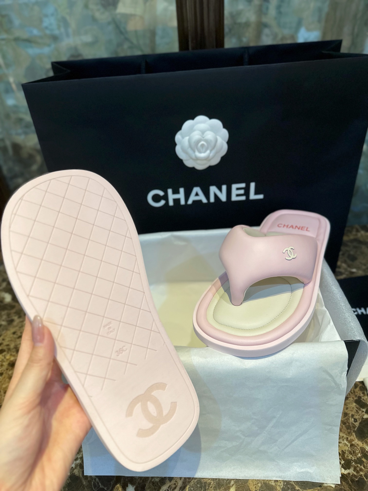 Chanel Pink Sheepskin Sponge Slides