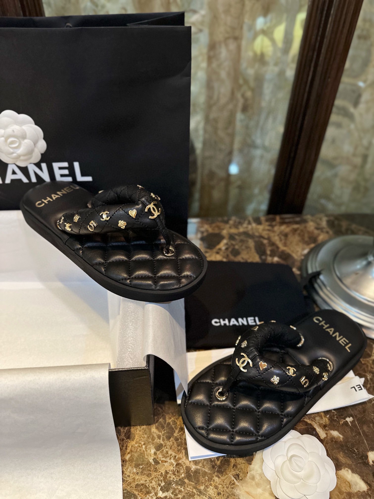 Chanel Classic Diamond Pattern Eco-Friendly Leather Slide Sandals