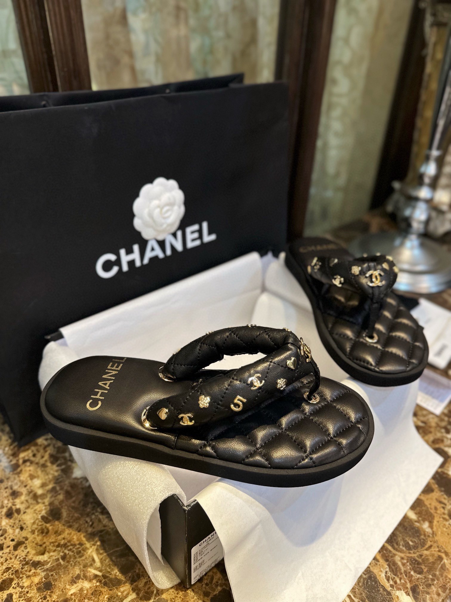 Chanel Classic Diamond Pattern Eco-Friendly Leather Slide Sandals