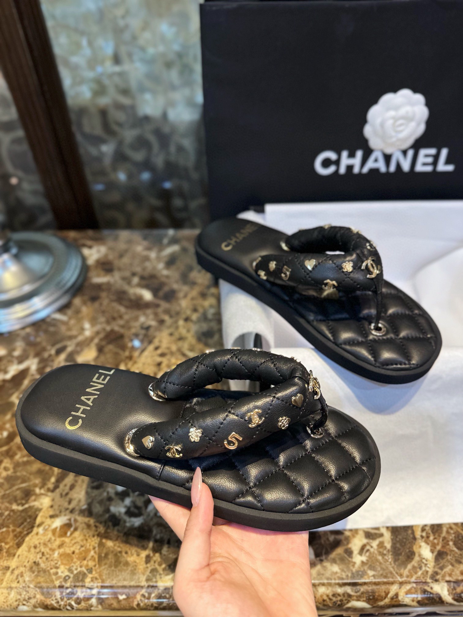 Chanel Classic Diamond Pattern Eco-Friendly Leather Slide Sandals