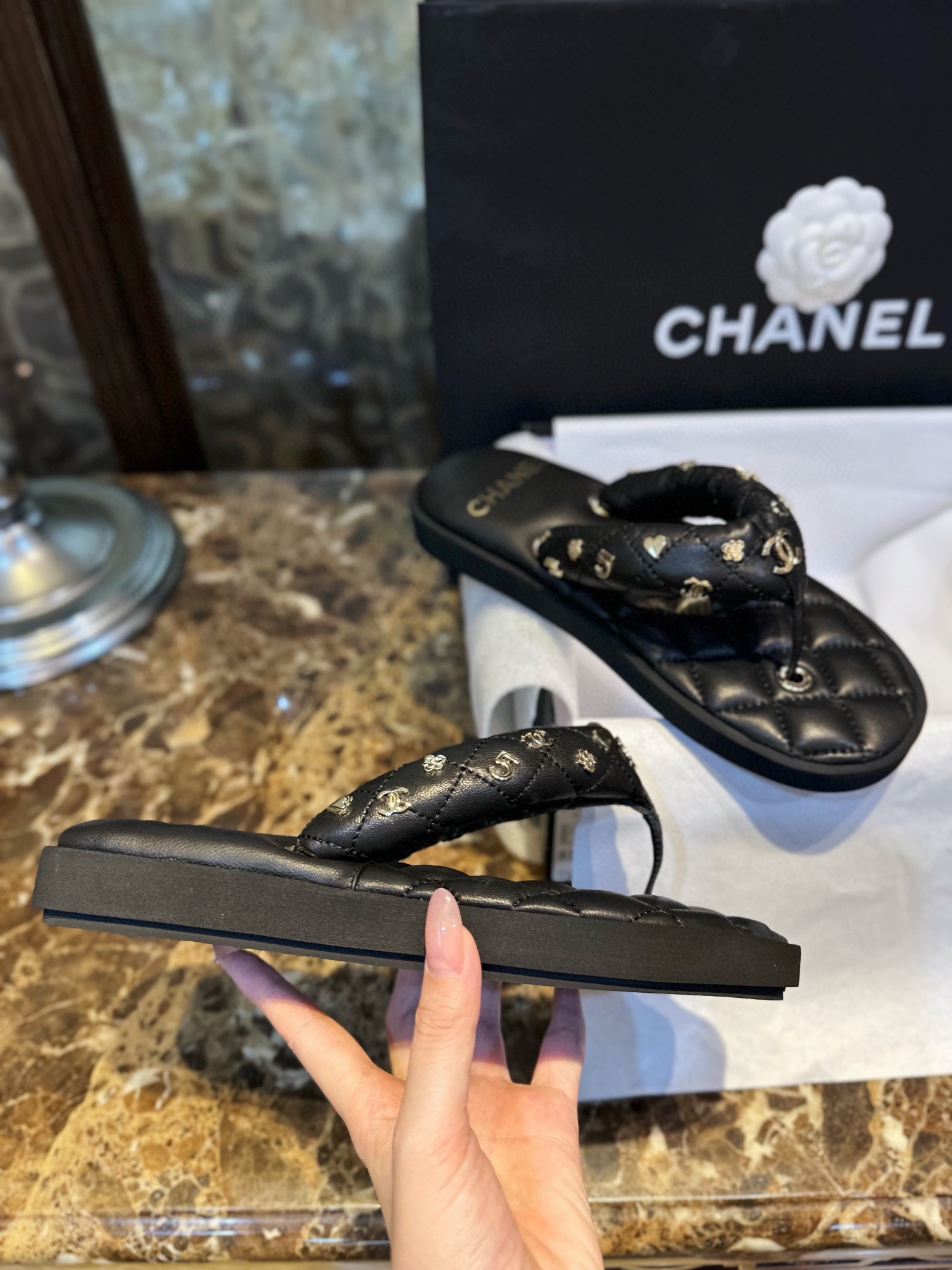 Chanel Classic Diamond Pattern Eco-Friendly Leather Slide Sandals