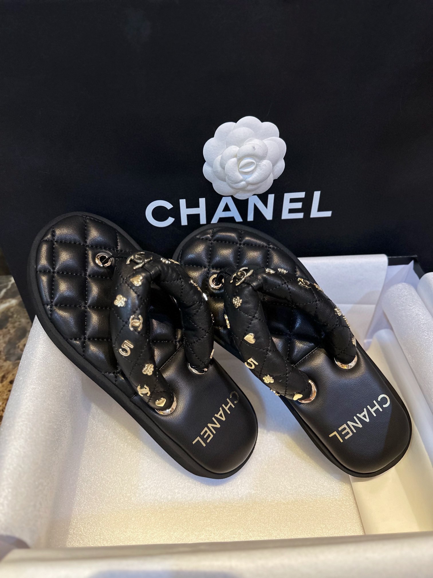 Chanel Classic Diamond Pattern Eco-Friendly Leather Slide Sandals