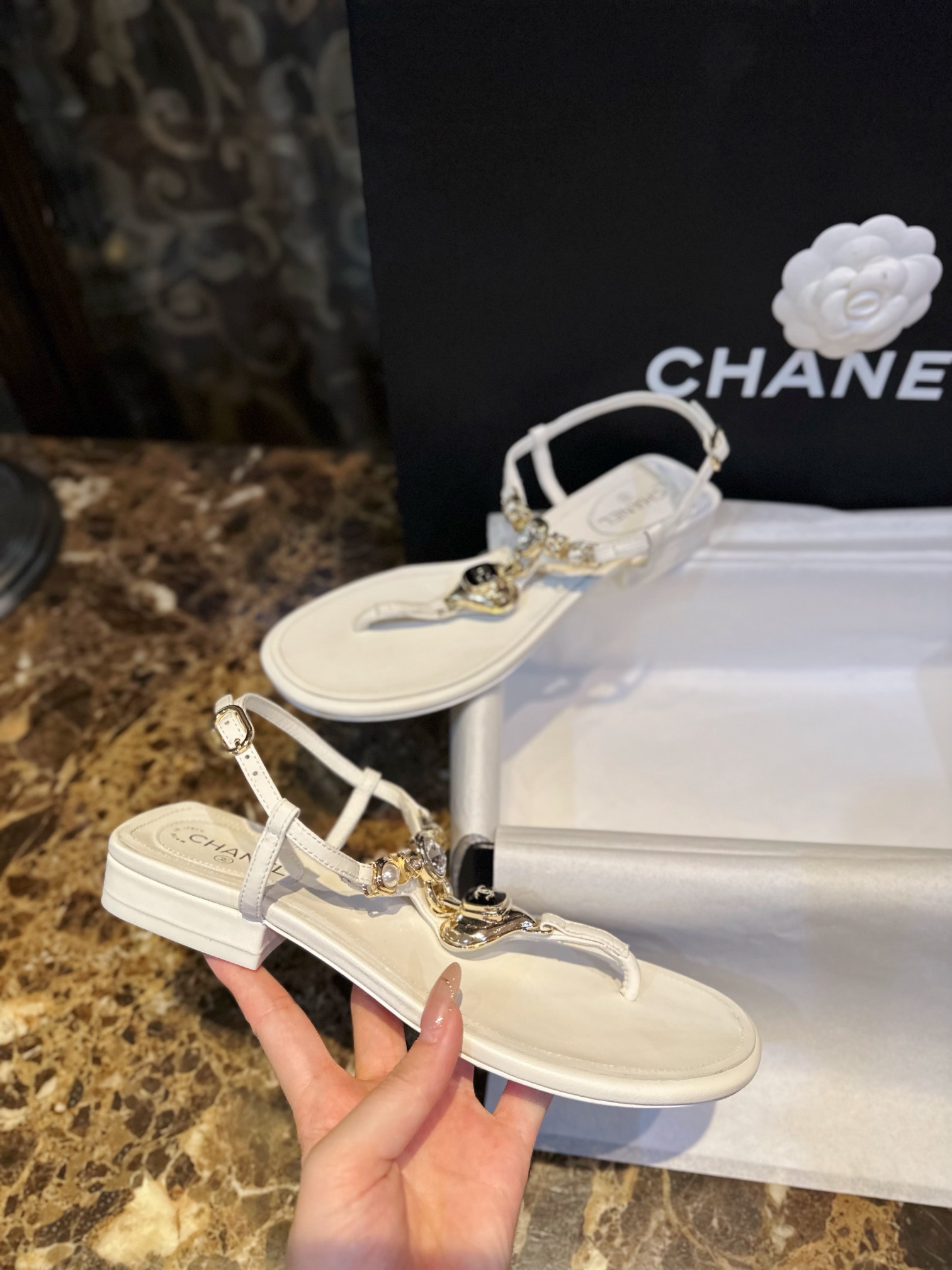 Chanel Eco-friendly White Sheepskin Sandals with Enamel Heart Copper Buckle