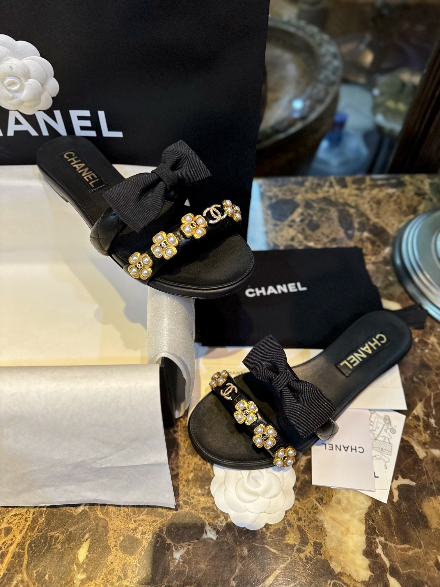 Chanel Baroque Pearl Black Satin and Sheepskin Mule Slippers