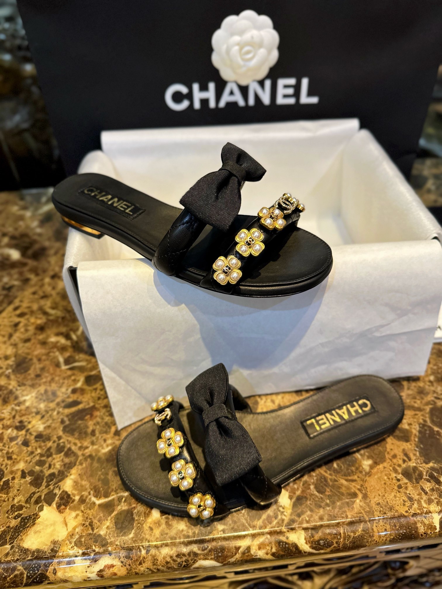 Chanel Baroque Pearl Black Satin and Sheepskin Mule Slippers