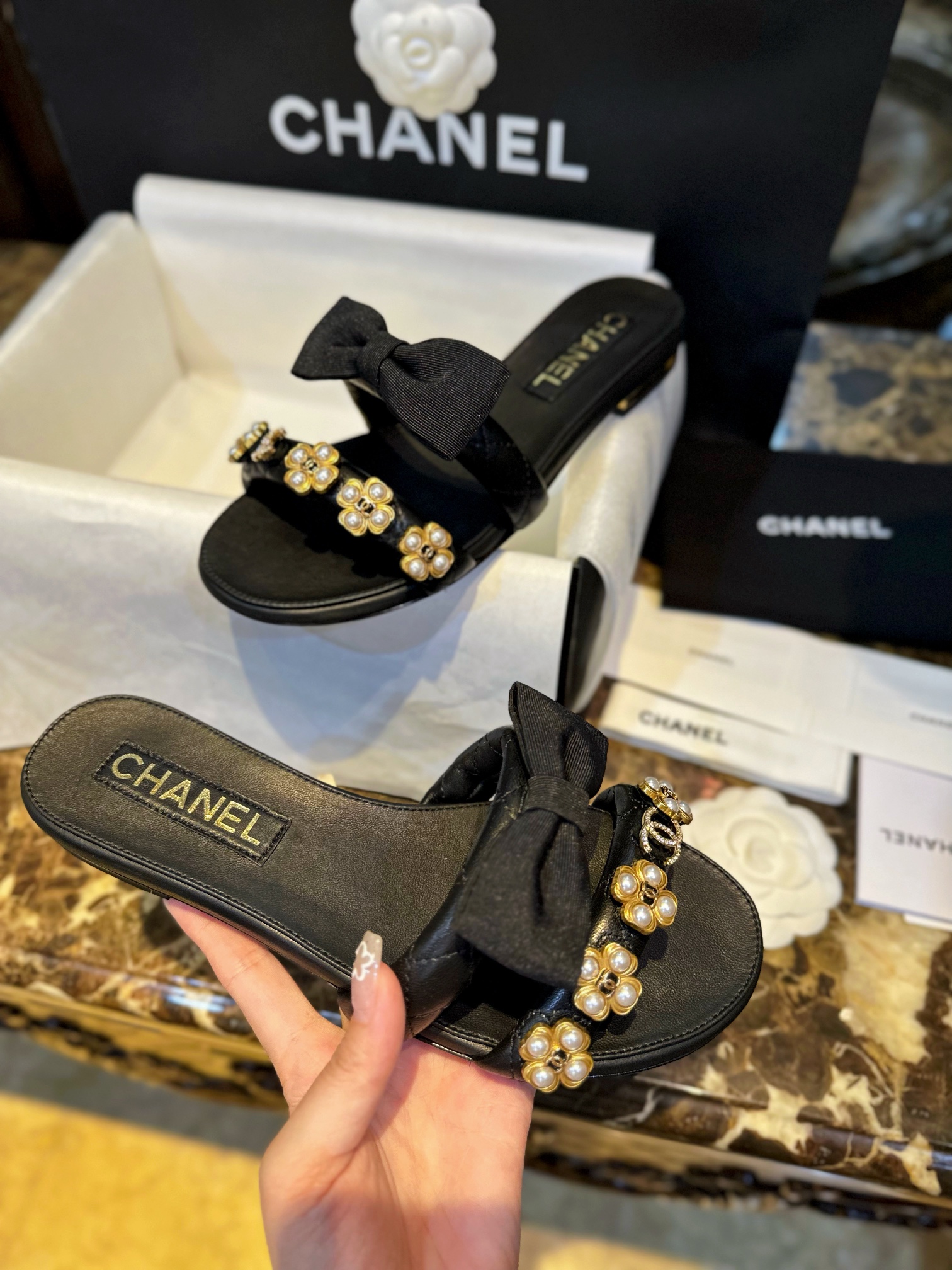 Chanel Baroque Pearl Black Satin and Sheepskin Mule Slippers