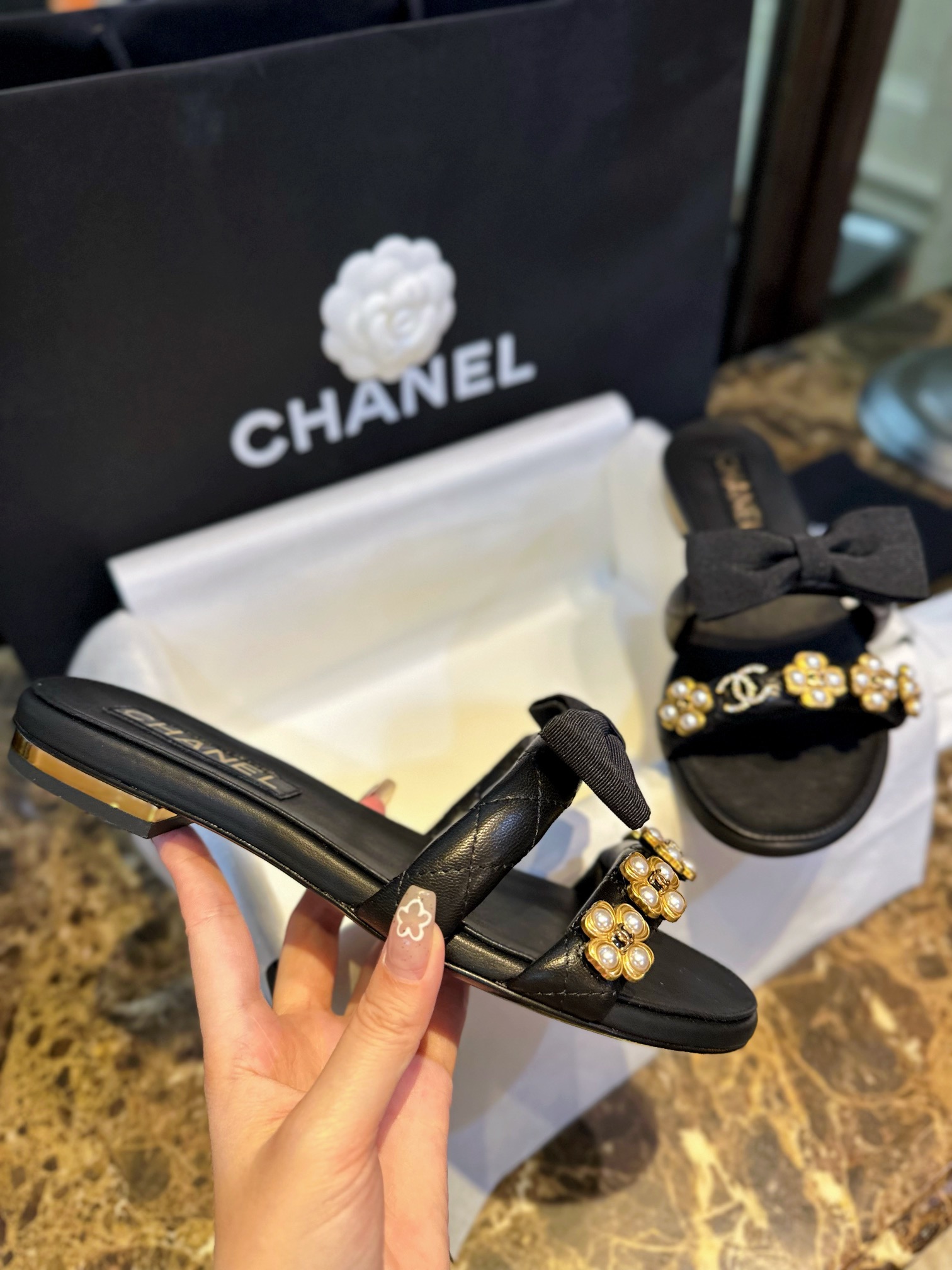 Chanel Baroque Pearl Black Satin and Sheepskin Mule Slippers