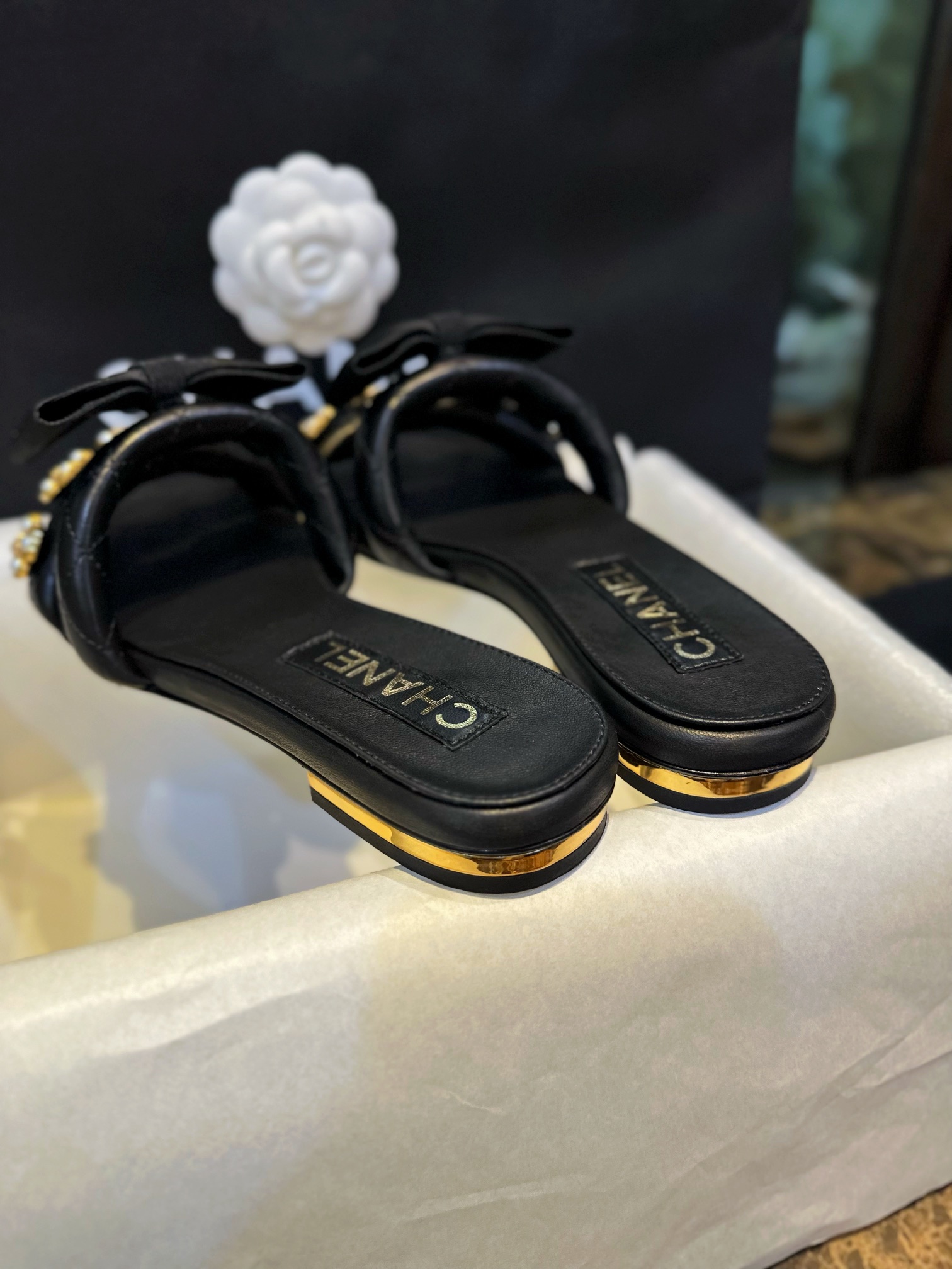 Chanel Baroque Pearl Black Satin and Sheepskin Mule Slippers