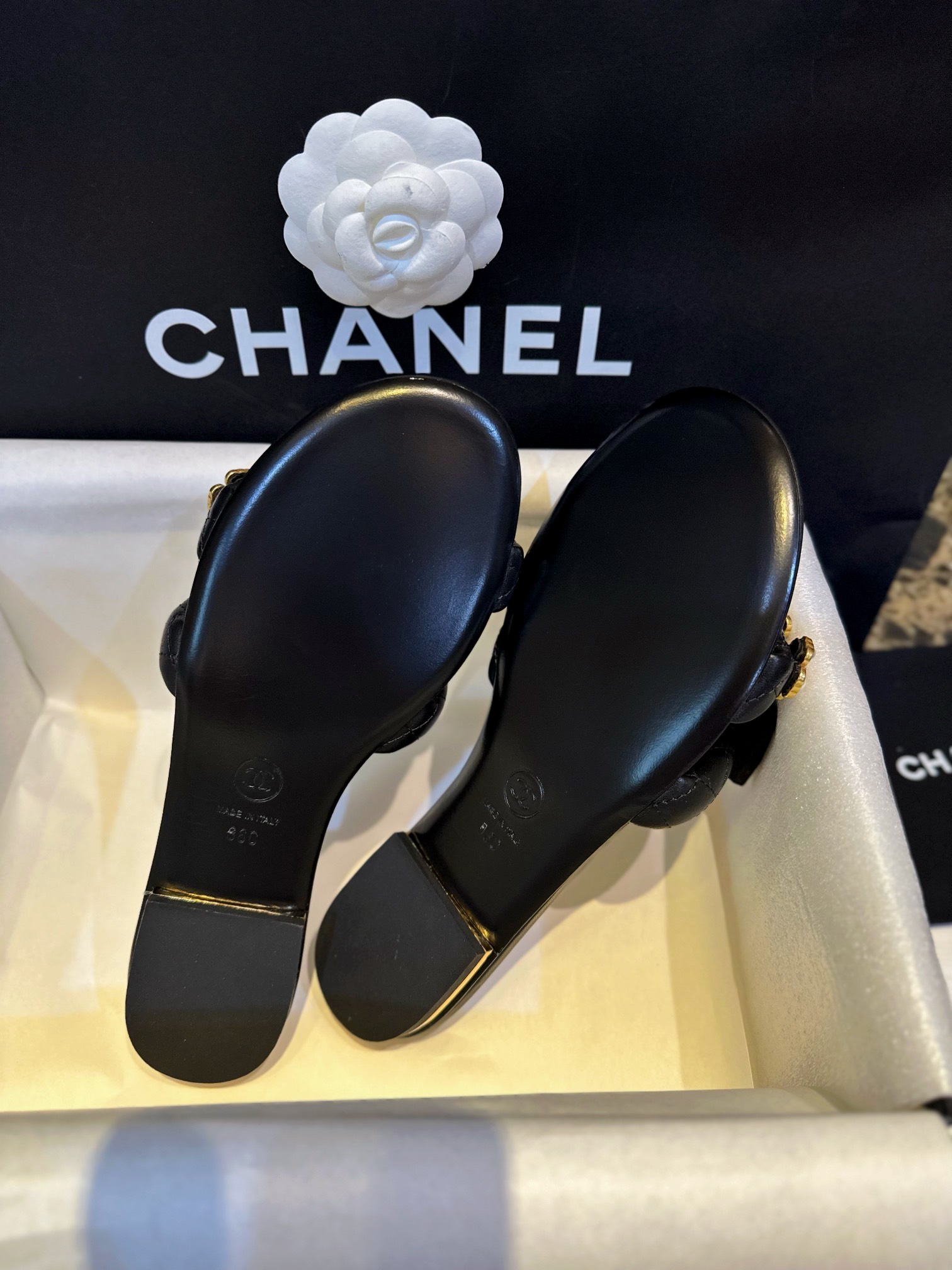 Chanel Baroque Pearl Black Satin and Sheepskin Mule Slippers