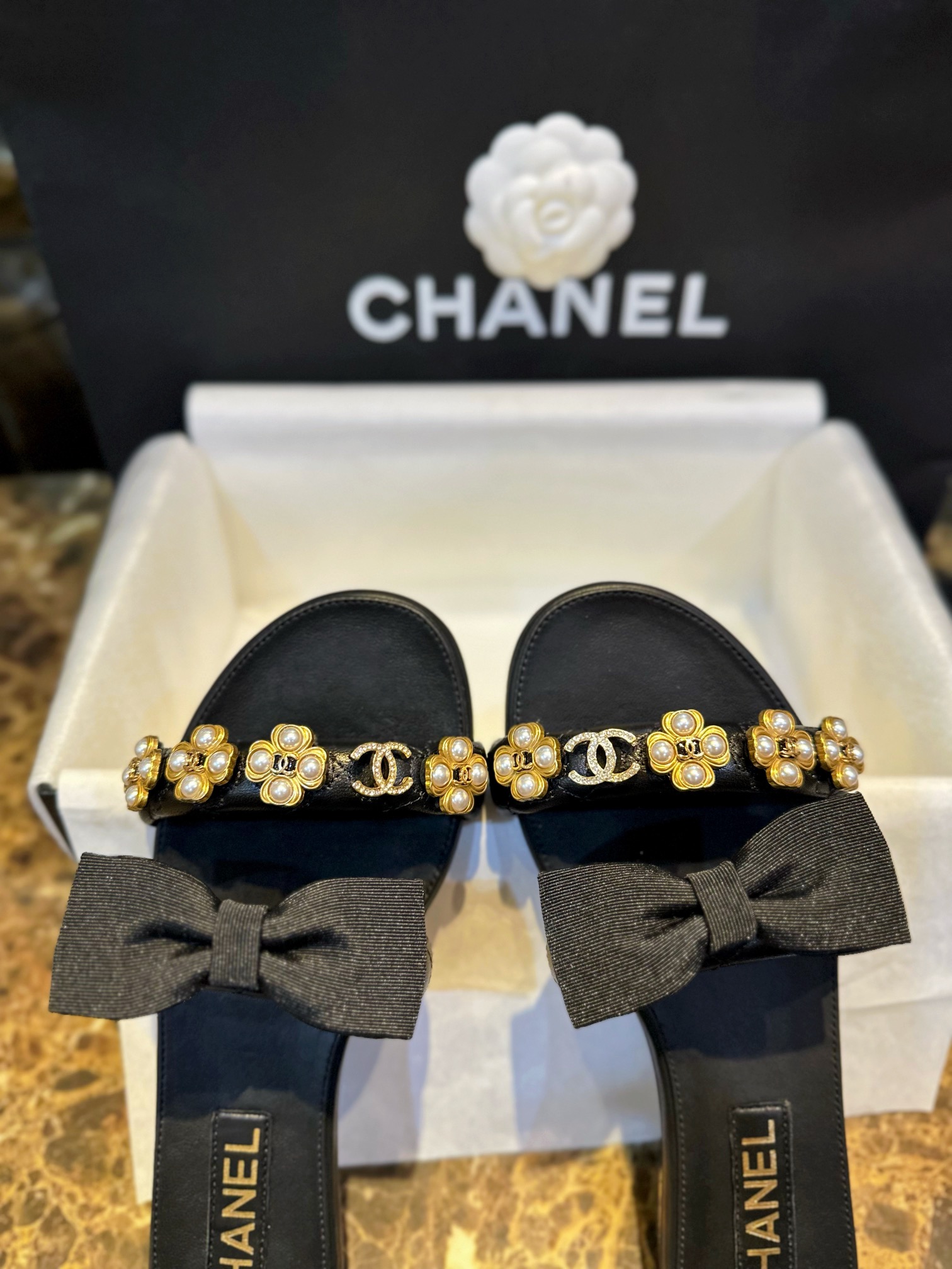 Chanel Baroque Pearl Black Satin and Sheepskin Mule Slippers