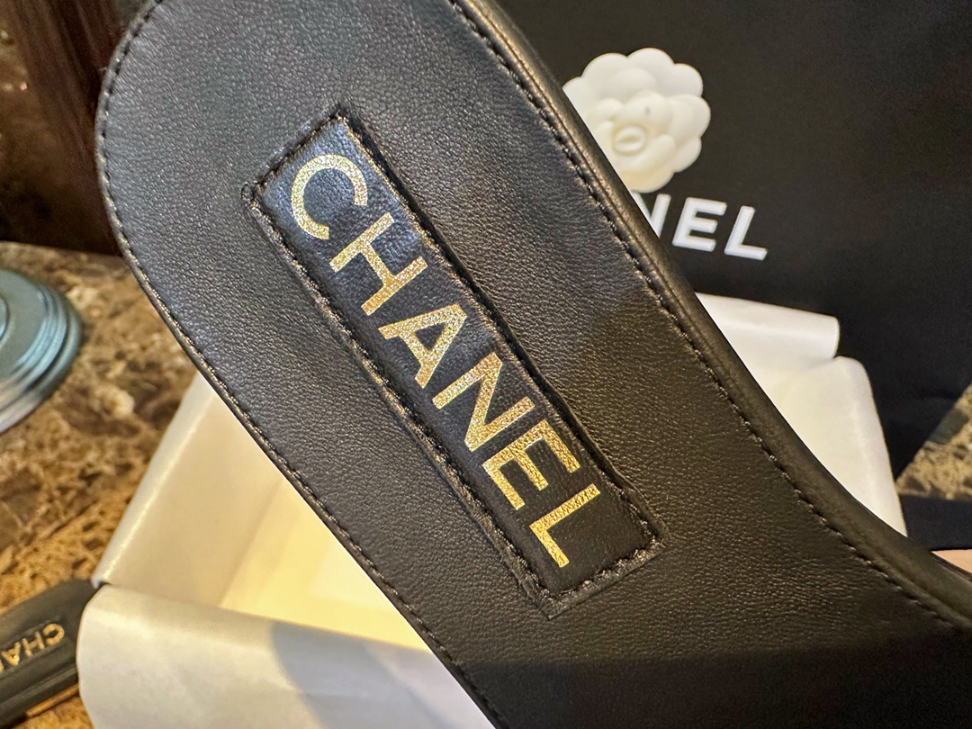 Chanel Baroque Pearl Black Satin and Sheepskin Mule Slippers