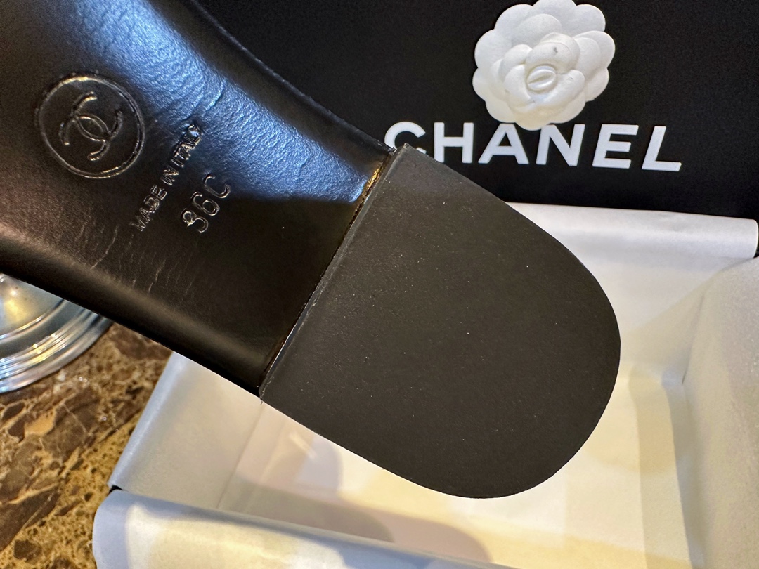 Chanel Baroque Pearl Black Satin and Sheepskin Mule Slippers