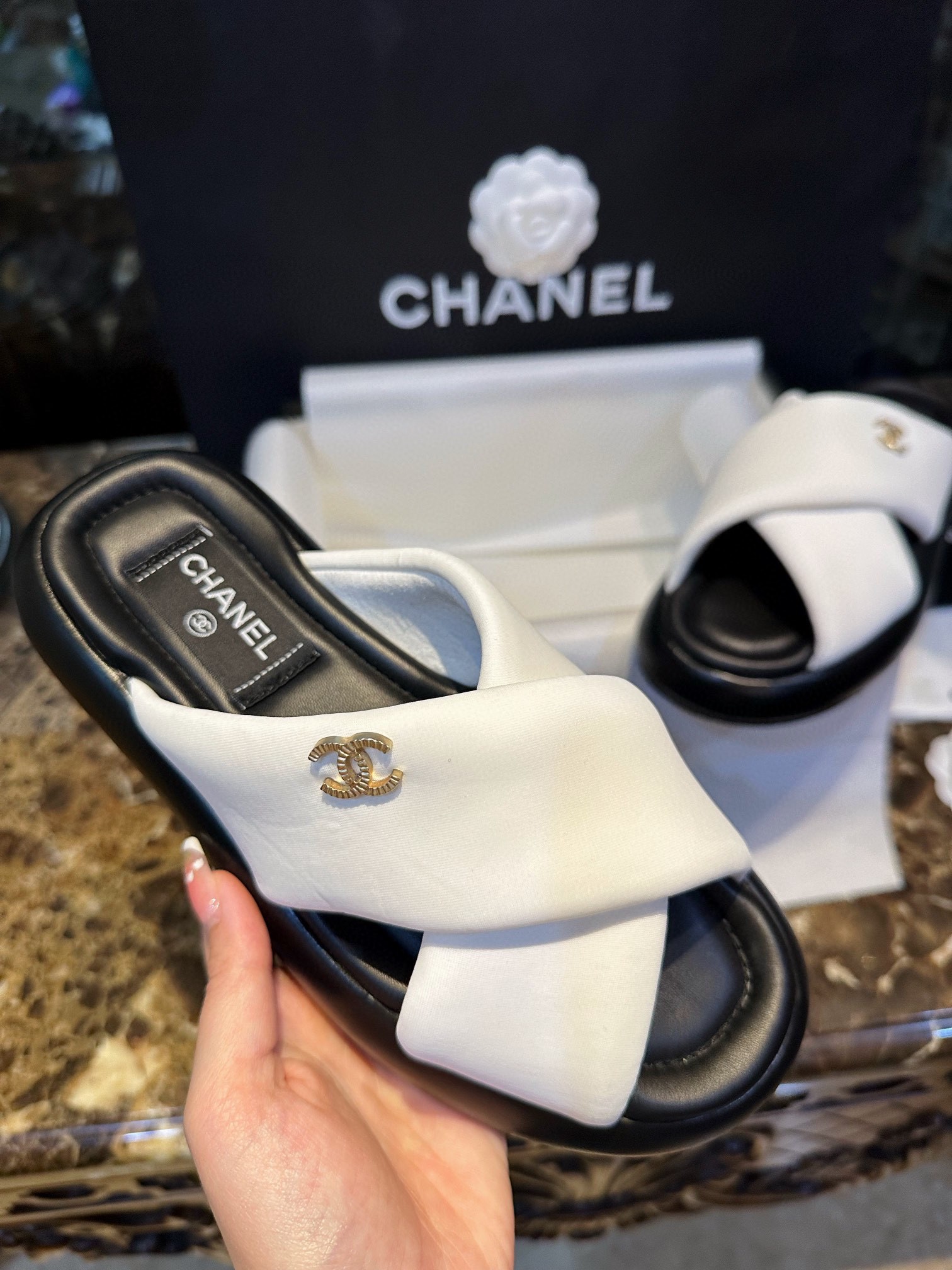 Chanel White Crossed Strap Bread Sandals with Custom Elastic Knit Fabric and Imported Sheepskin Midsole