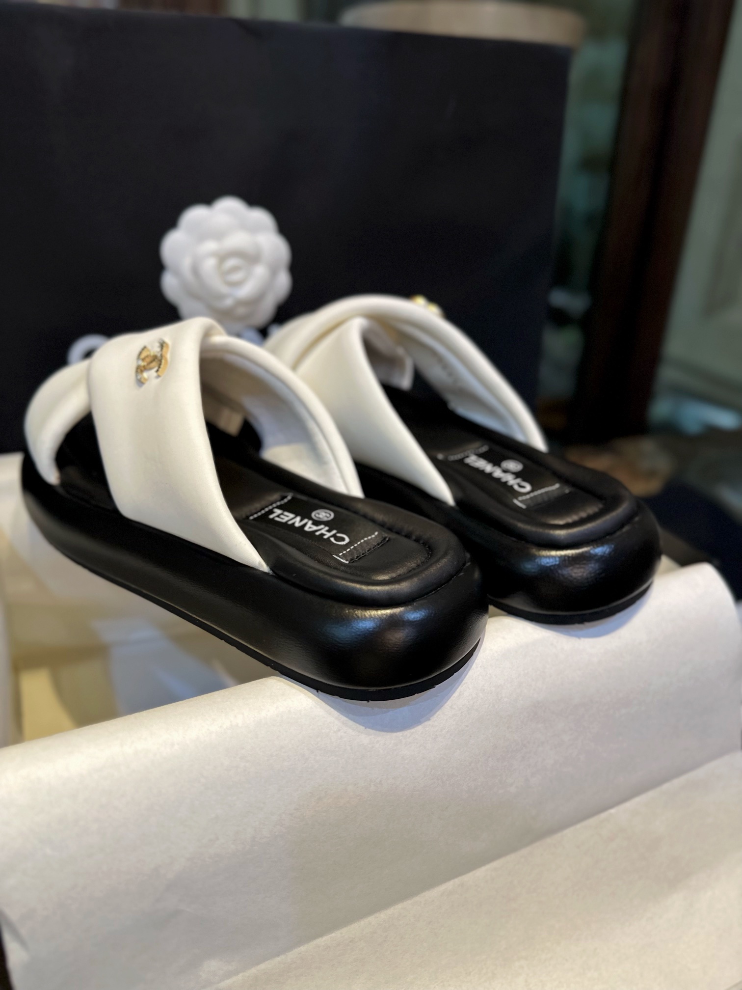 Chanel White Crossed Strap Bread Sandals with Custom Elastic Knit Fabric and Imported Sheepskin Midsole