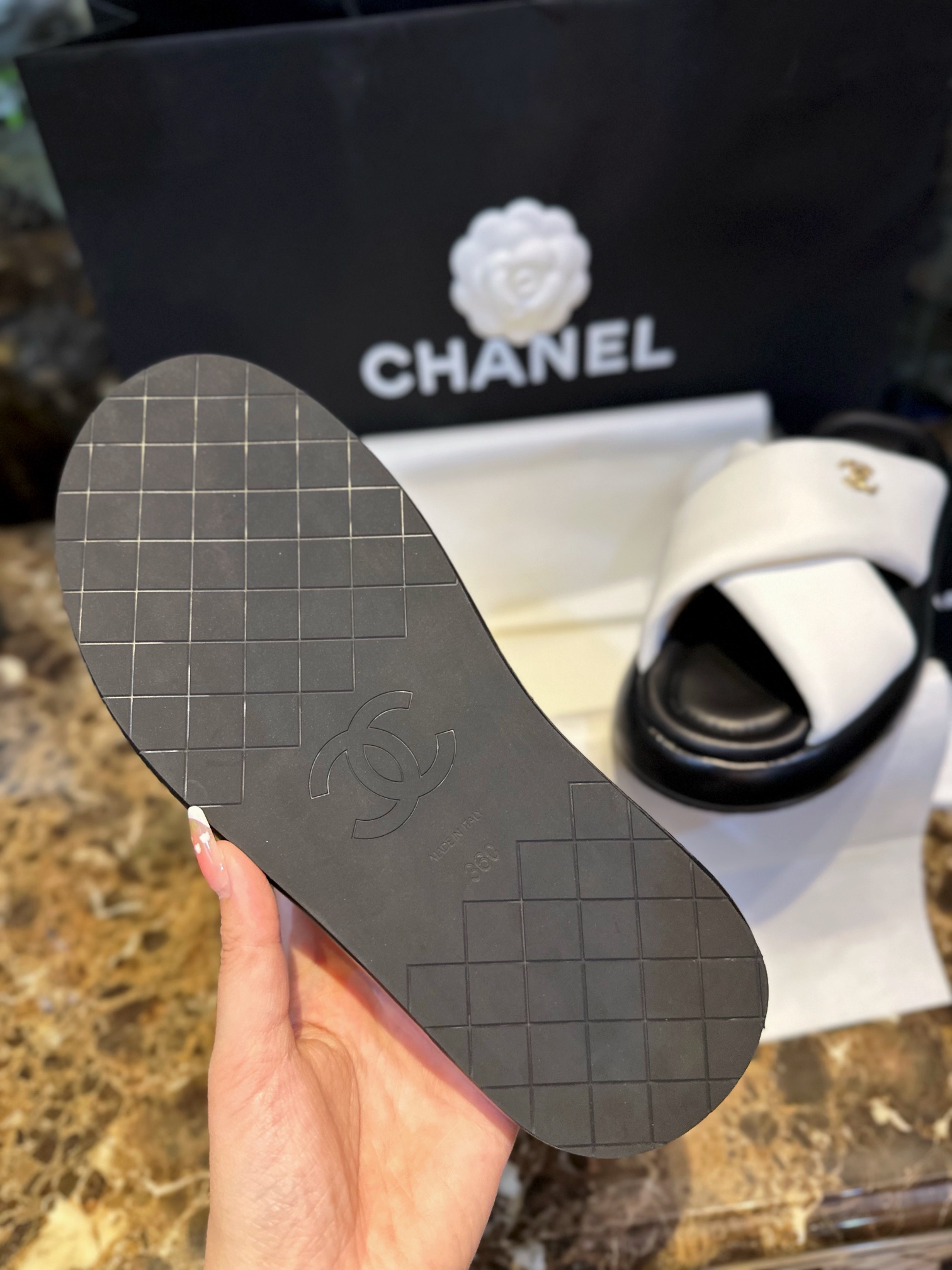 Chanel White Crossed Strap Bread Sandals with Custom Elastic Knit Fabric and Imported Sheepskin Midsole