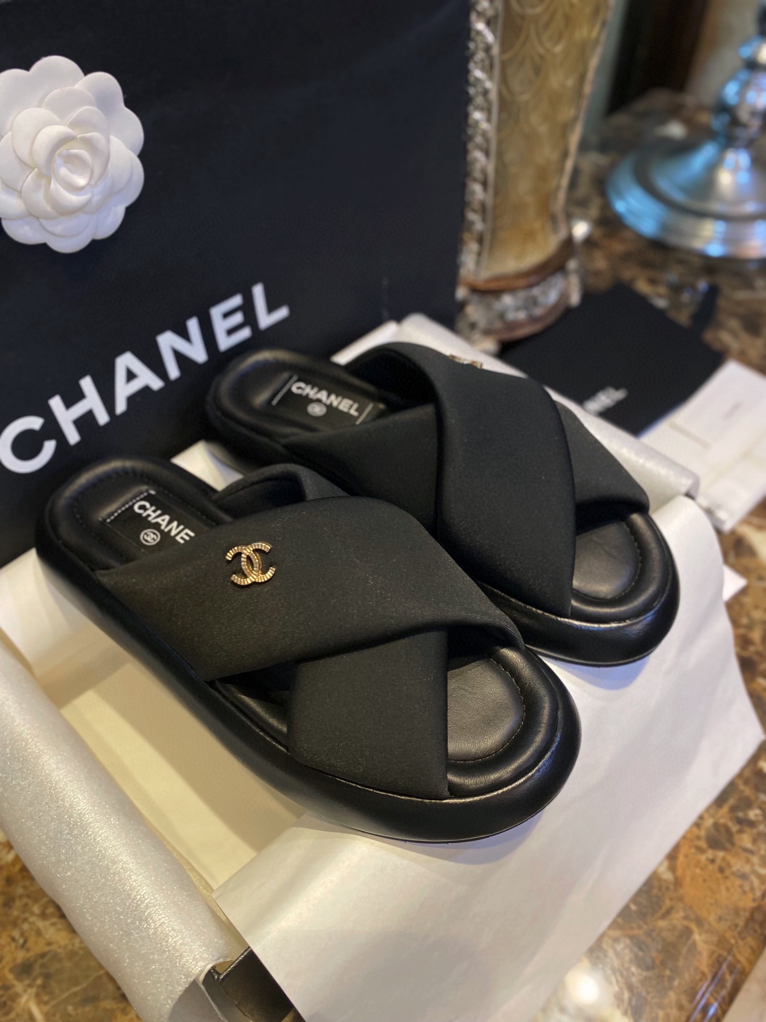 Chanel Crossed Strap Mule Sandals with Custom Elastic Knit Fabric and Imported Sheepskin Midsole