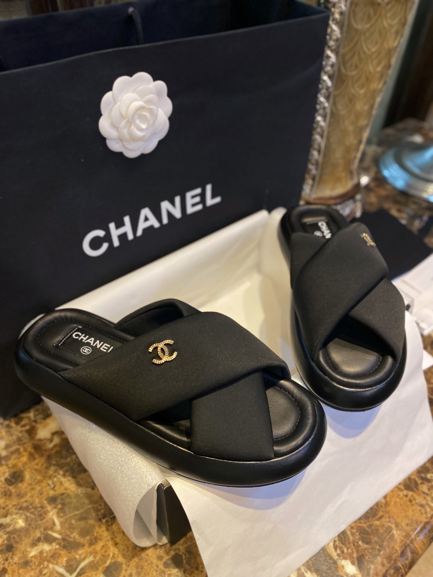 Chanel Crossed Strap Mule Sandals with Custom Elastic Knit Fabric and Imported Sheepskin Midsole