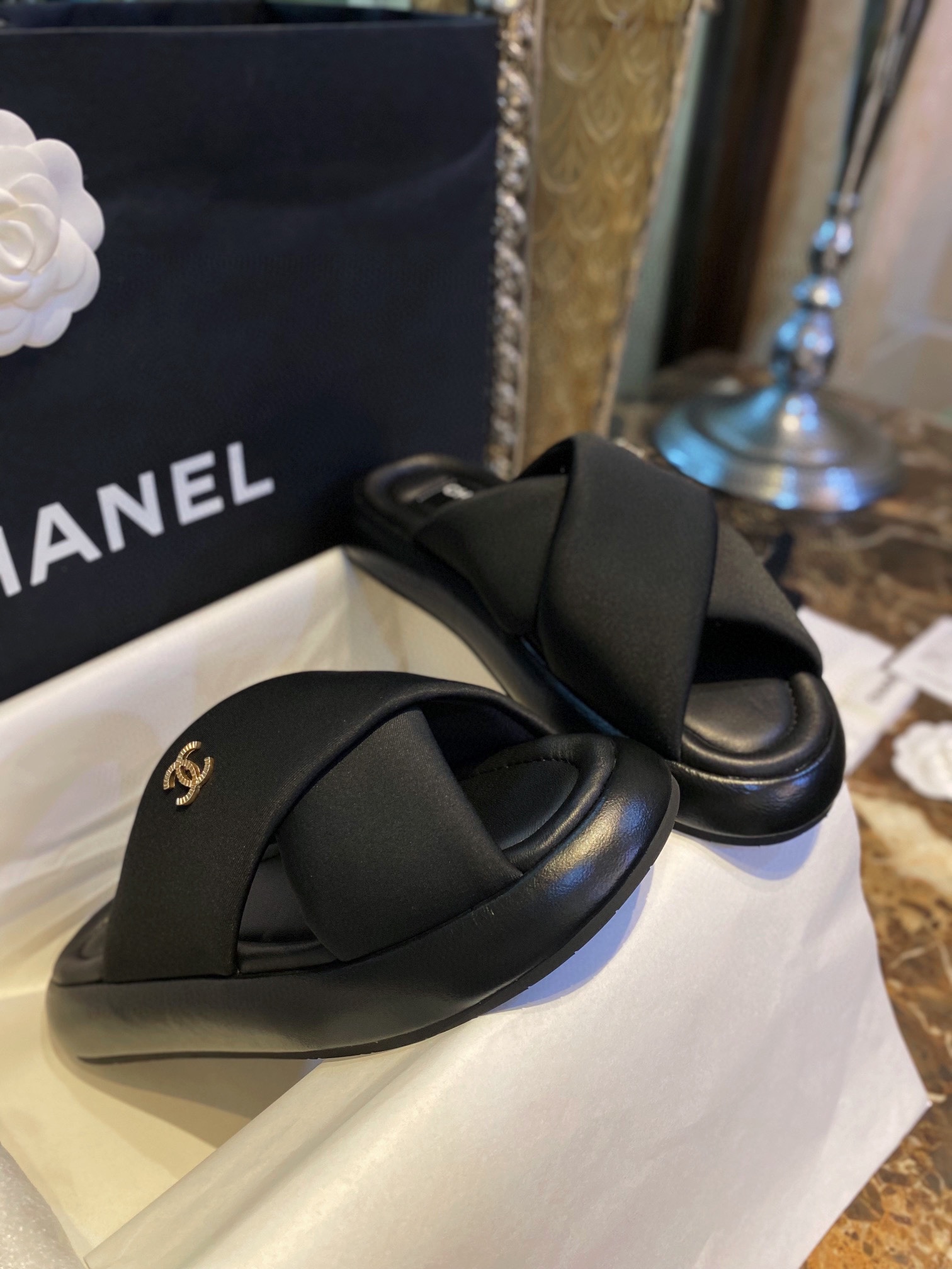 Chanel Crossed Strap Mule Sandals with Custom Elastic Knit Fabric and Imported Sheepskin Midsole