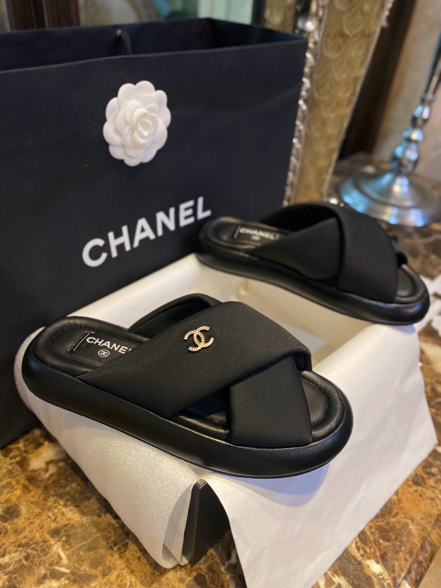 Chanel Crossed Strap Mule Sandals with Custom Elastic Knit Fabric and Imported Sheepskin Midsole