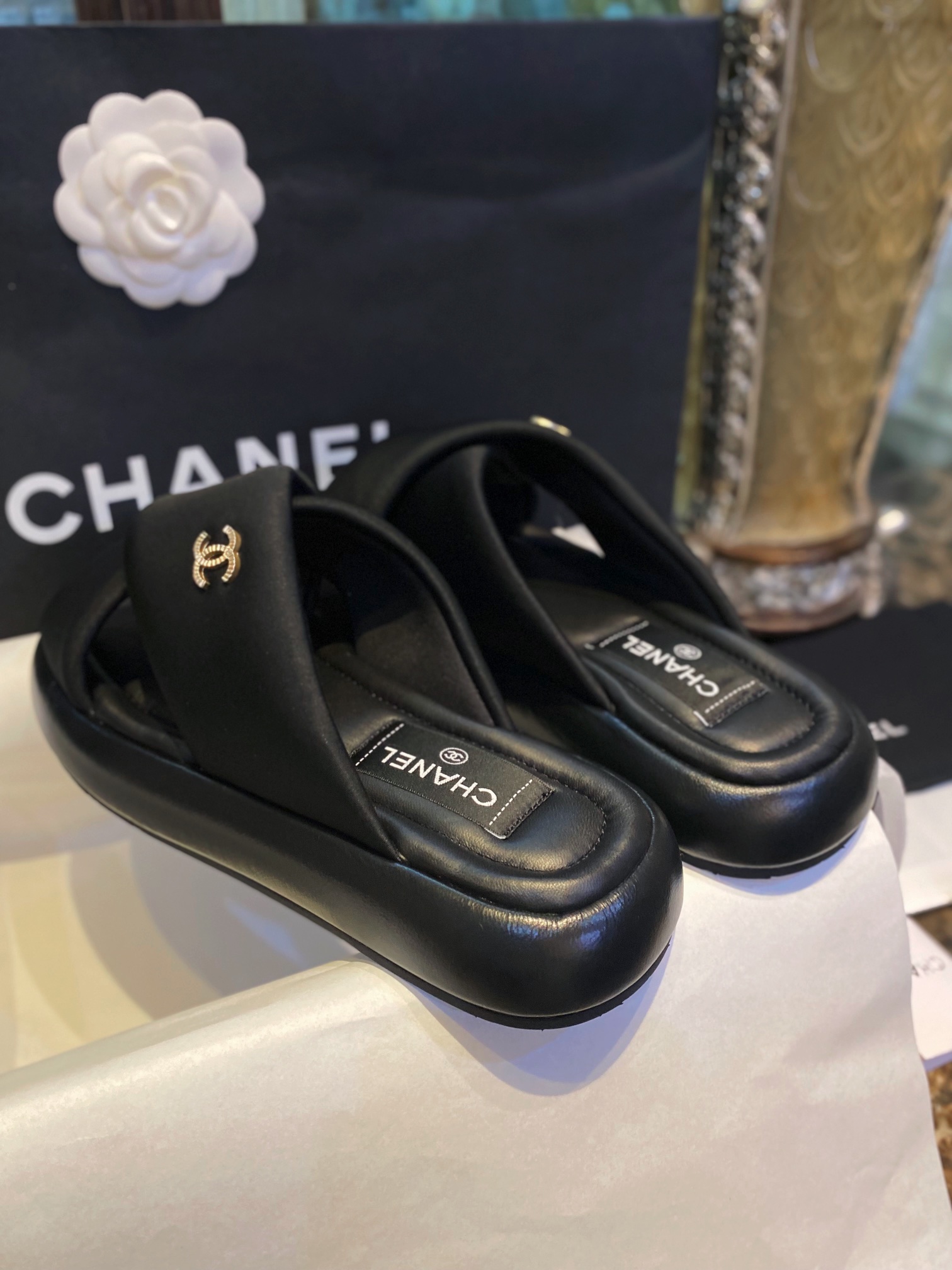 Chanel Crossed Strap Mule Sandals with Custom Elastic Knit Fabric and Imported Sheepskin Midsole