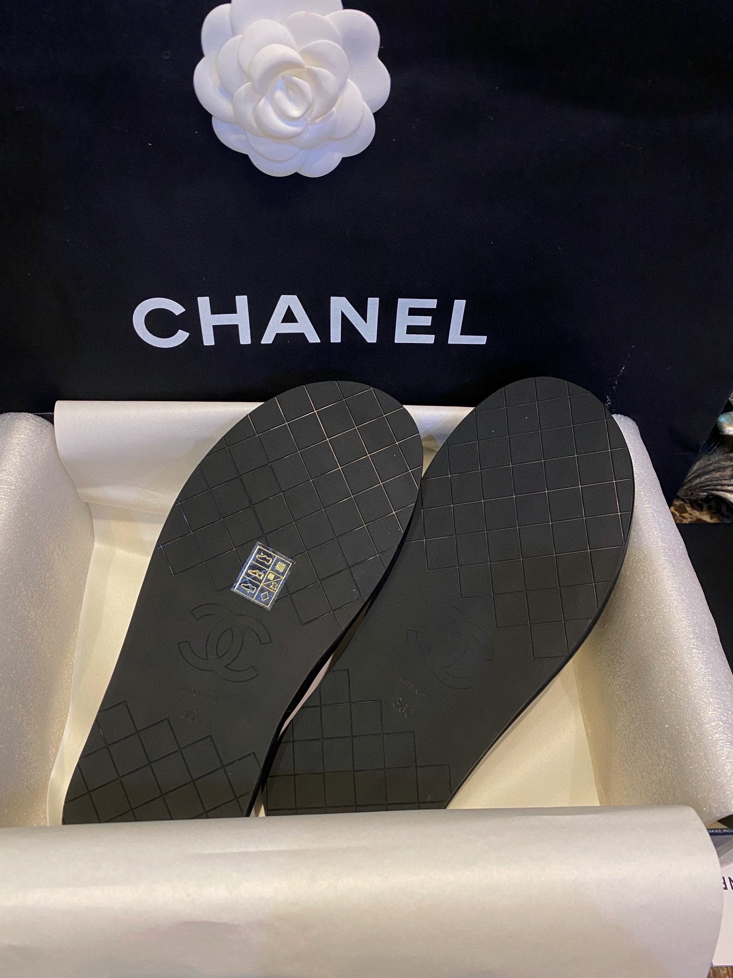 Chanel Crossed Strap Mule Sandals with Custom Elastic Knit Fabric and Imported Sheepskin Midsole