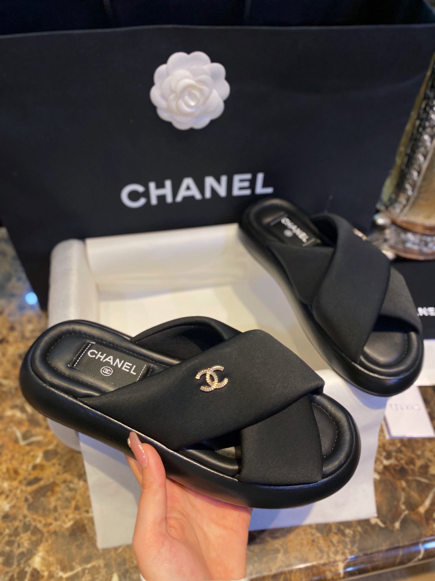 Chanel Crossed Strap Mule Sandals with Custom Elastic Knit Fabric and Imported Sheepskin Midsole