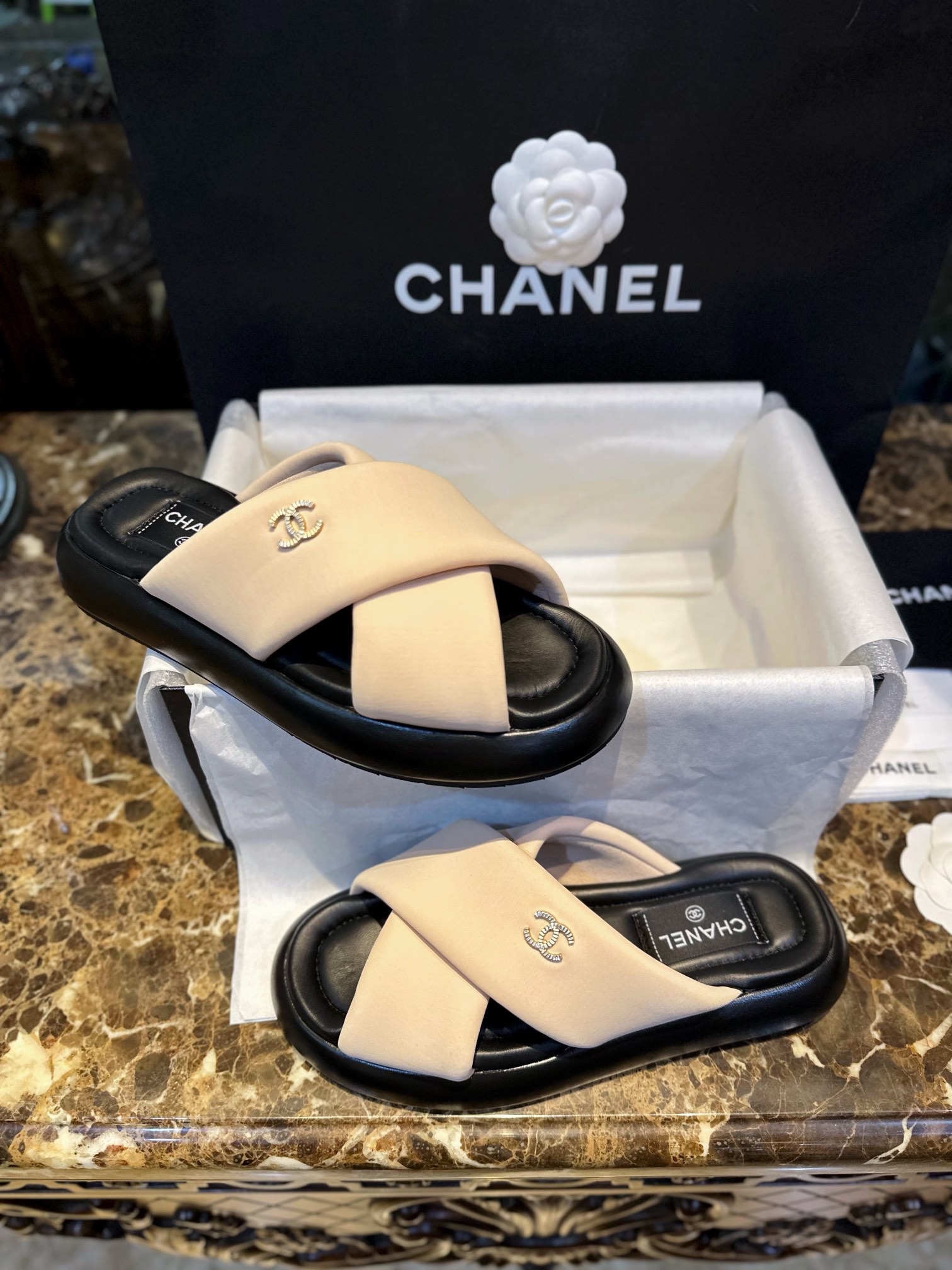 Chanel Pink Apricot Crossed Strap Mule Sandals