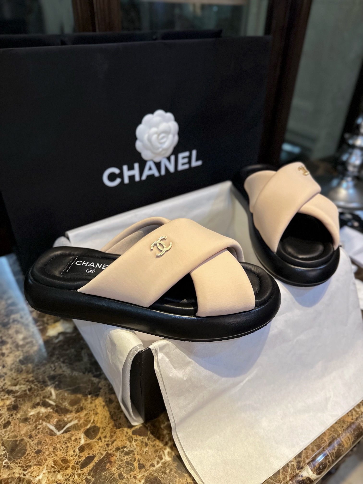 Chanel Pink Apricot Crossed Strap Mule Sandals