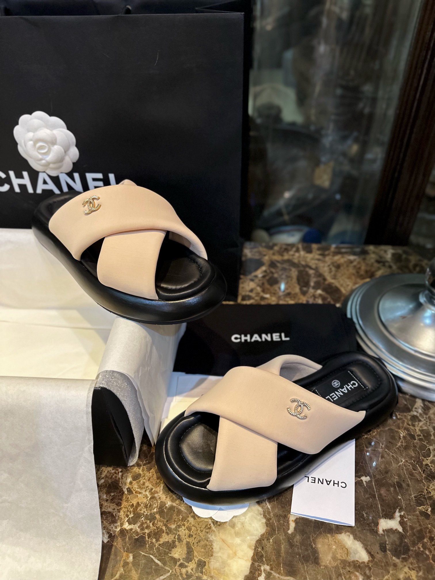 Chanel Pink Apricot Crossed Strap Mule Sandals