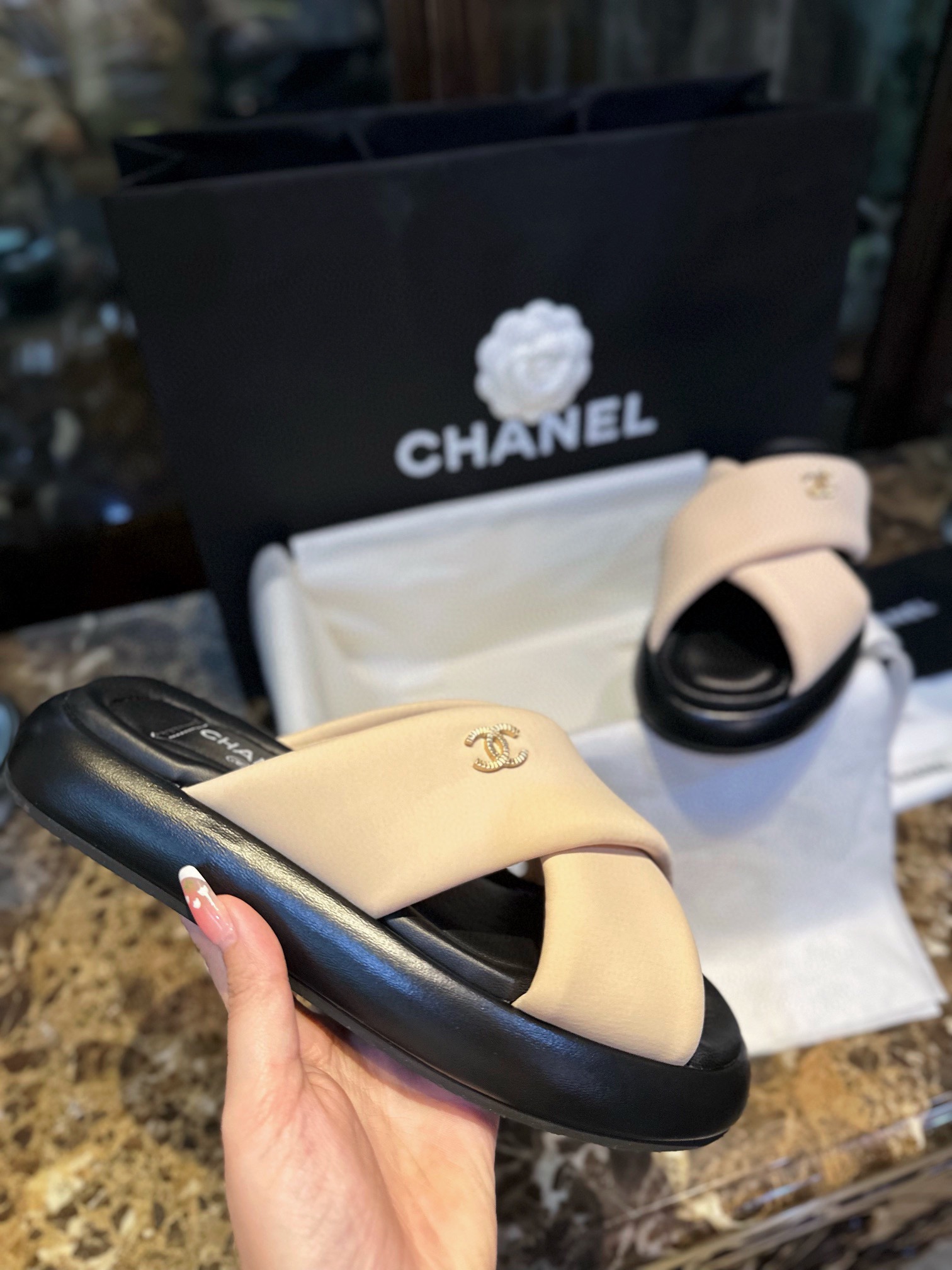 Chanel Pink Apricot Crossed Strap Mule Sandals