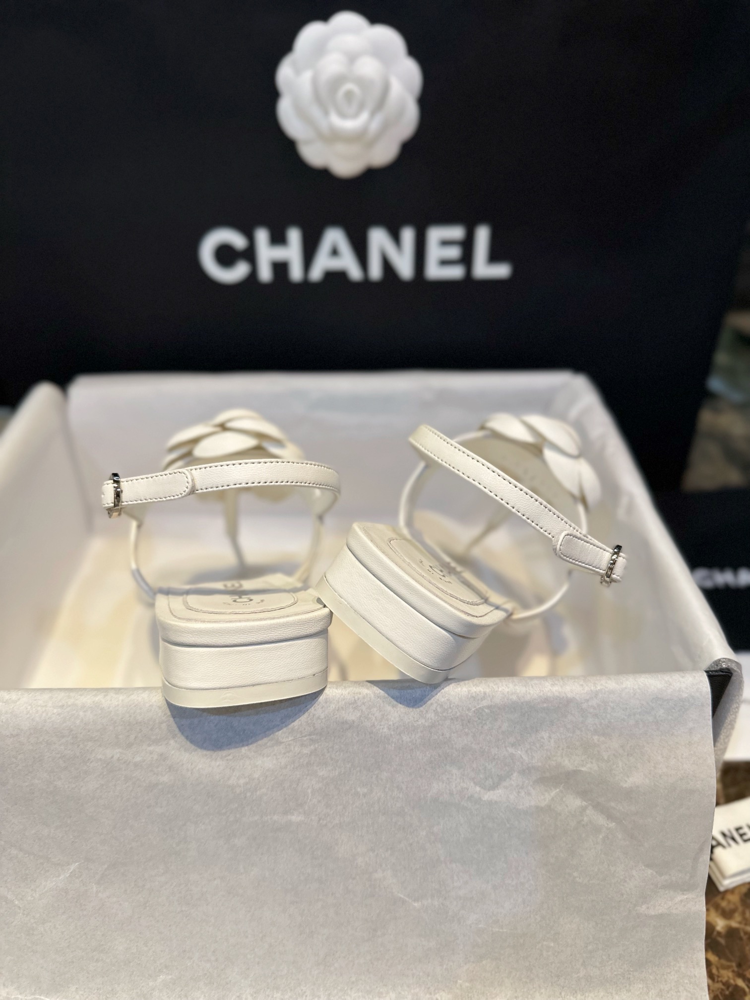 Chanel All White Camellia Sandals: Elegant Toe-Strap Design with Pure Dyed Sheepskin and Leather Sole