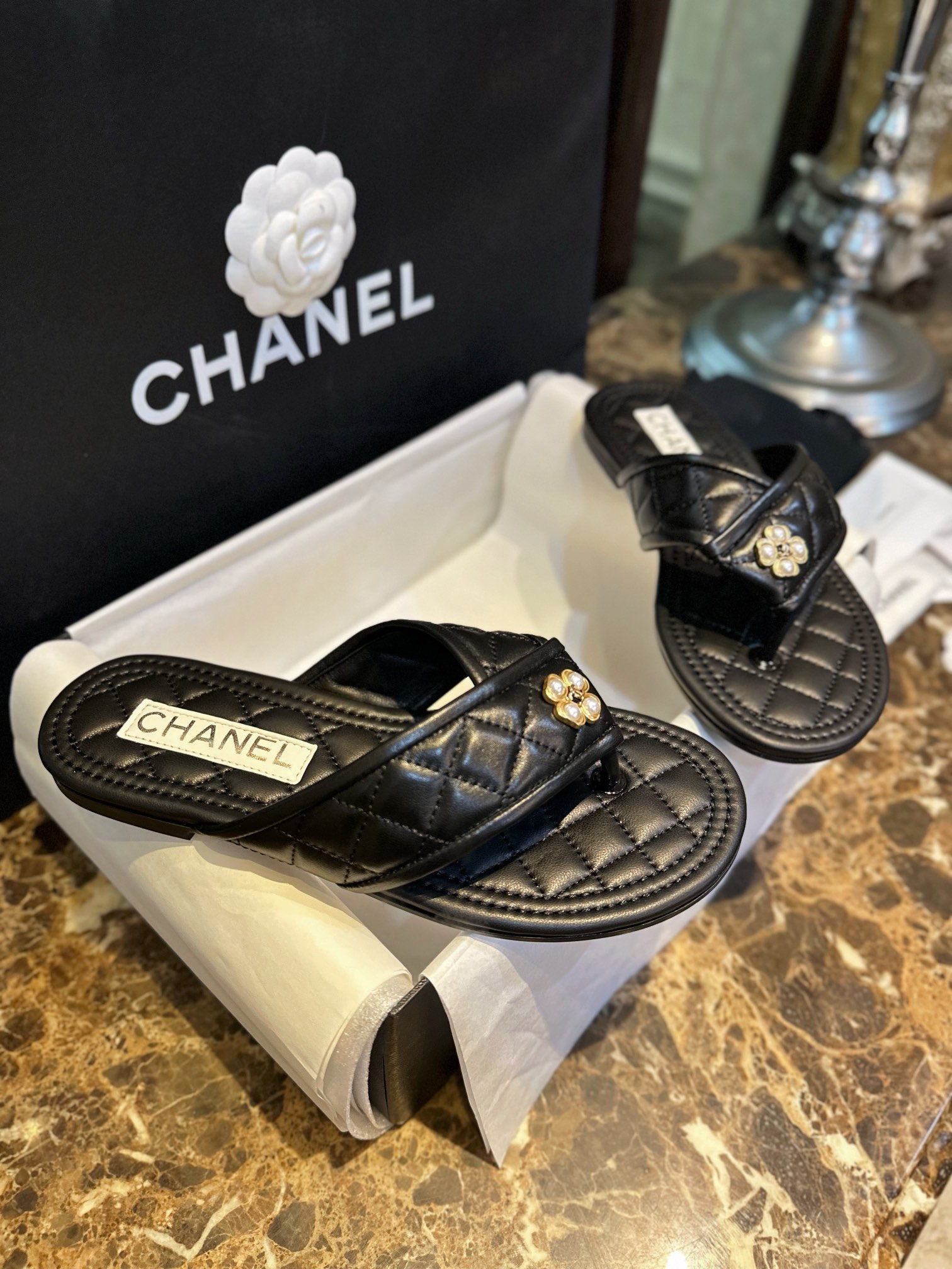 Chanel Black Diamond Pattern Pearl Buckle Slide Sandals: Luxurious Sheepskin with Italian Semi-Transparent Leather Sole