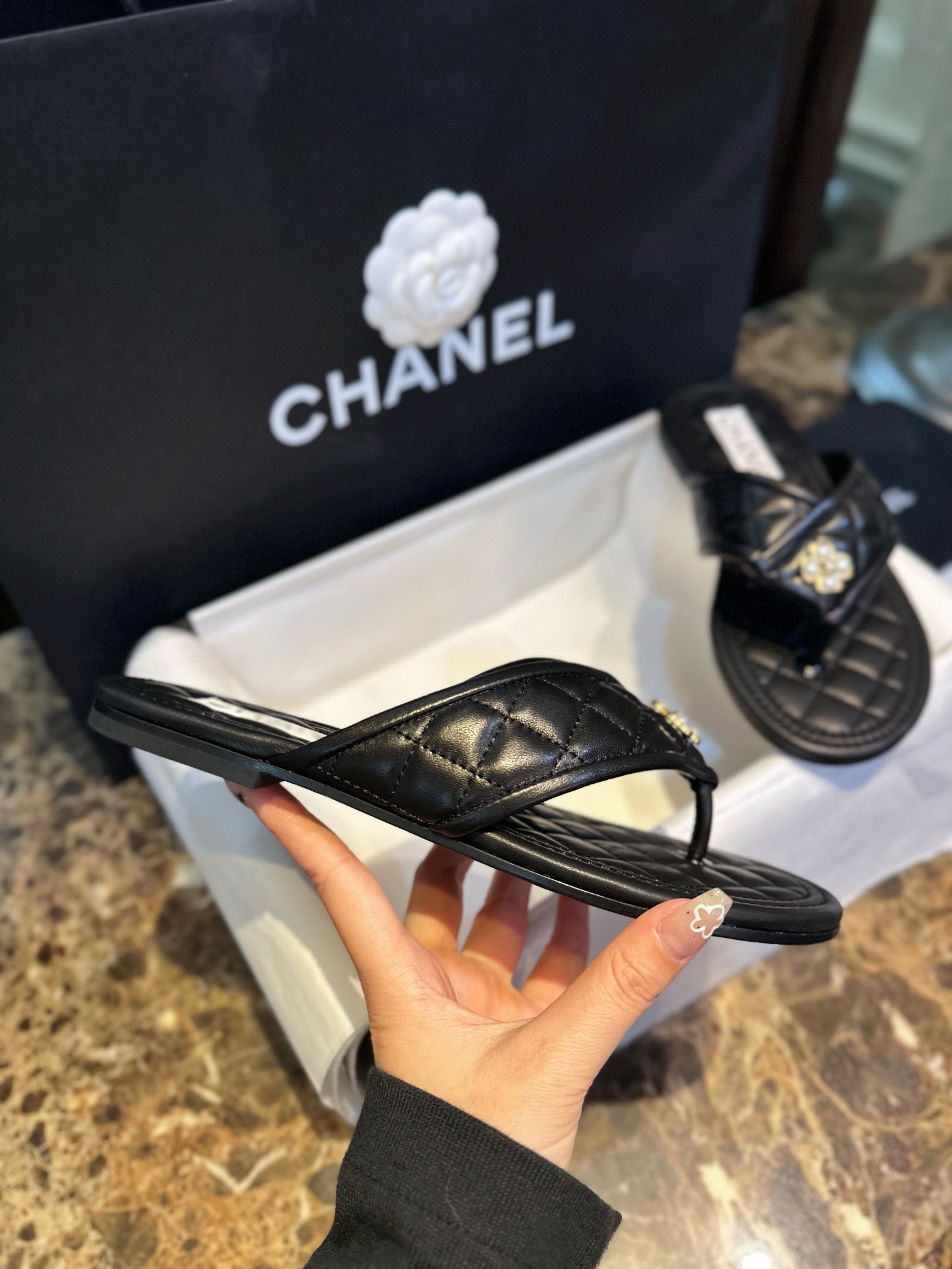 Chanel Black Diamond Pattern Pearl Buckle Slide Sandals: Luxurious Sheepskin with Italian Semi-Transparent Leather Sole